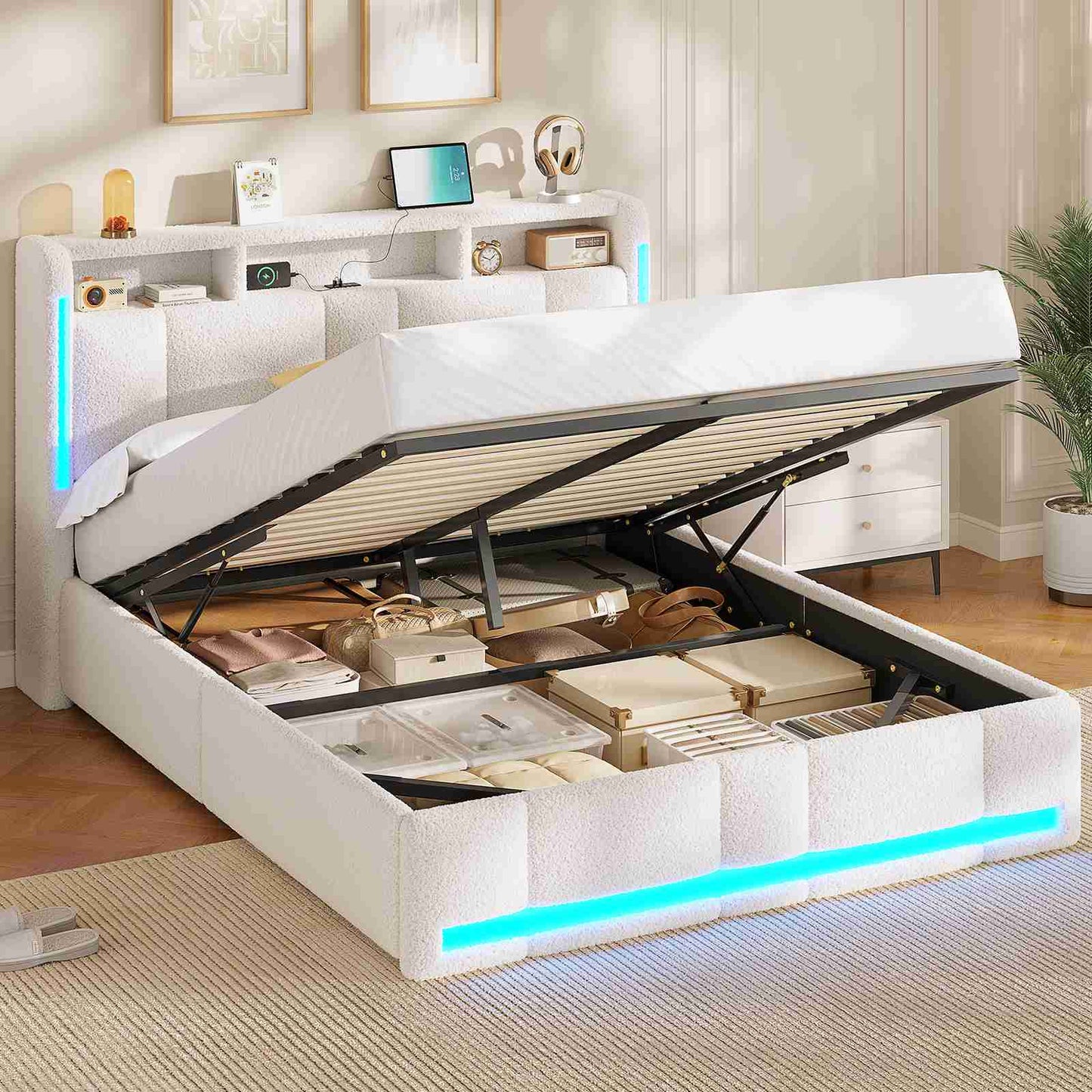 Lit coffre hydraulique AOGLLATI 140 x 200 cm lit double avec éclairage LED et interface USB beige