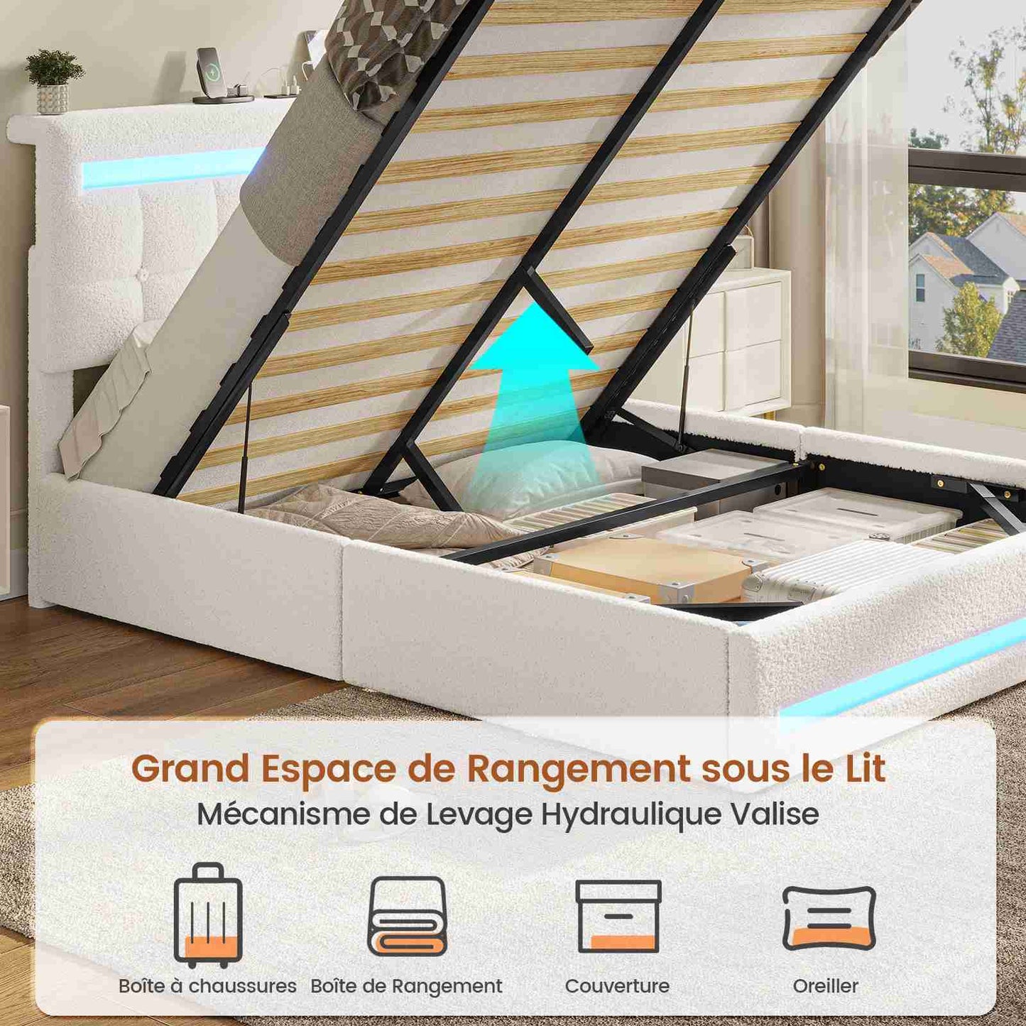 Lit coffre AOGLLATI 140x190 cm avec LED et interface USB lit double rembourré rangement hydraulique tête de lit réglable en hauteur