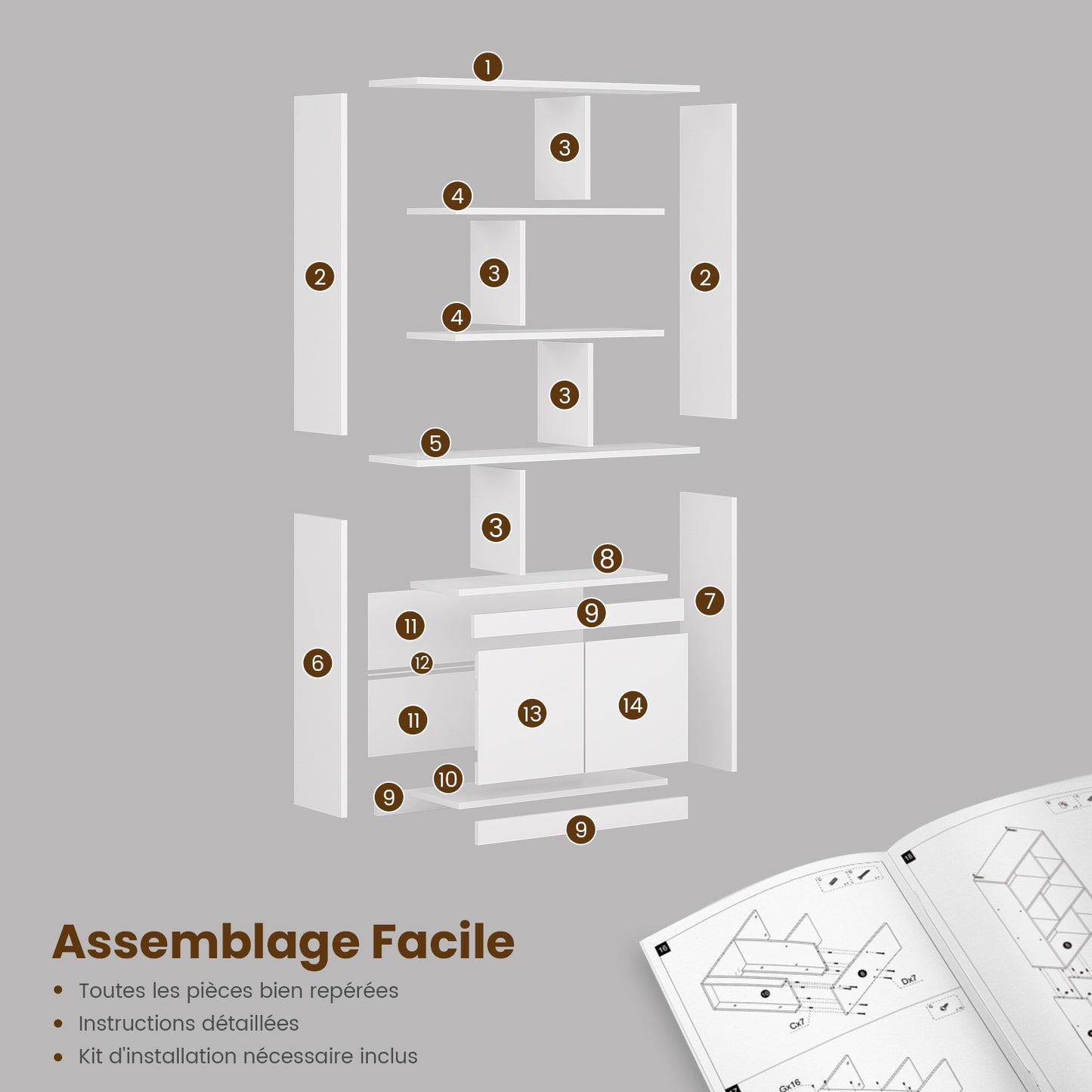 Bibliothèque Étagère à 6 Niveaux Cloison Séparateur Présentoir Meuble de Rangement avec 12 Compartiments Ouverts pour Salon Chambre Bureau 24 x 60 x 173 cm Blanc