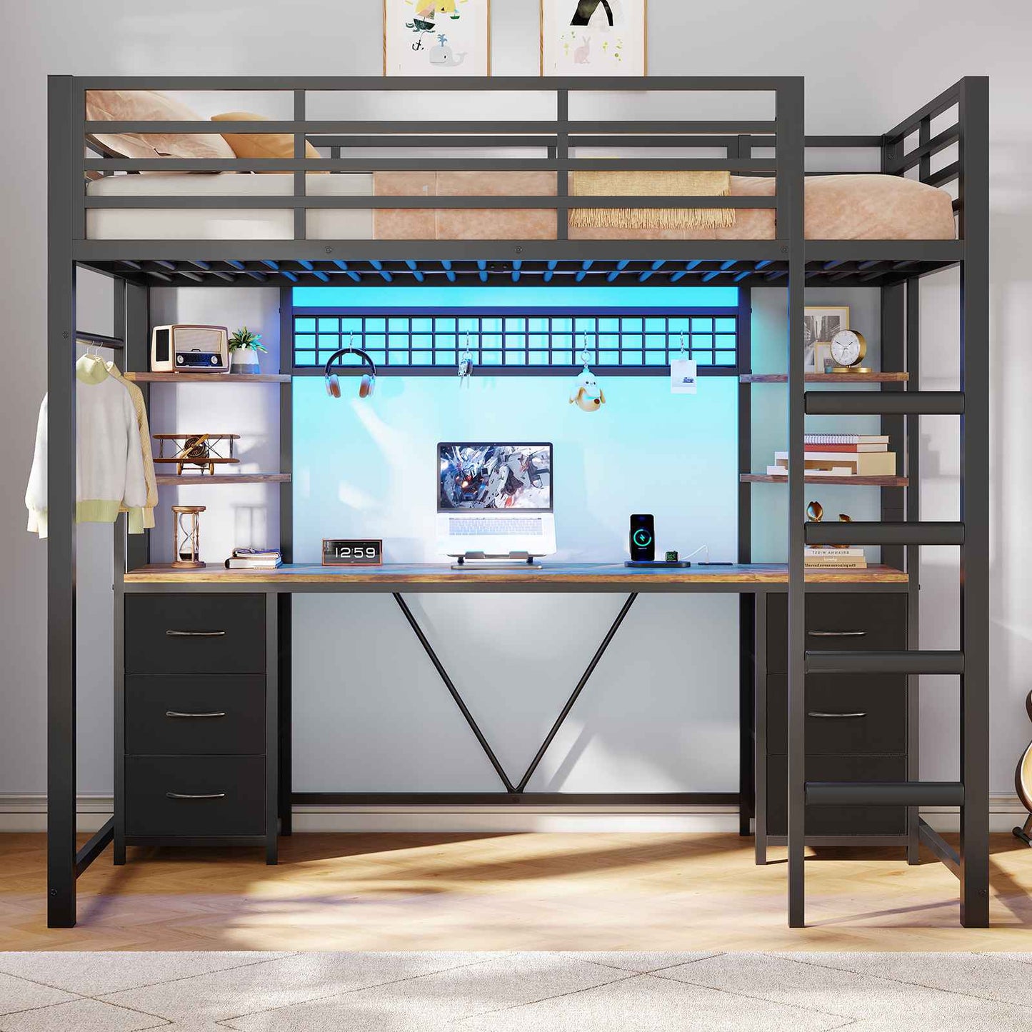 Le lit mezzanine AOGLLATI 90x200 est équipé d'un éclairage LED intelligent et d'une prise électrique Il comprend un bureau de 35x200 cm 6 tiroirs extra-larges et 4 étagères