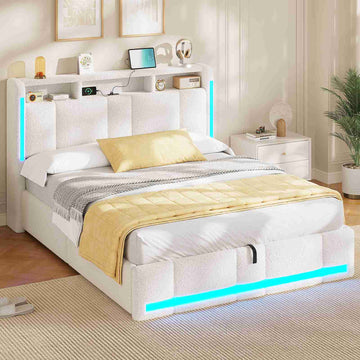 Lit coffre hydraulique AOGLLATI 140 x 200 cm lit double avec éclairage LED et interface USB beige