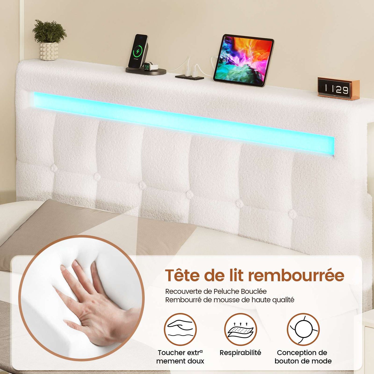 Lit coffre AOGLLATI 140x190 cm avec LED et interface USB lit double rembourré rangement hydraulique tête de lit réglable en hauteur