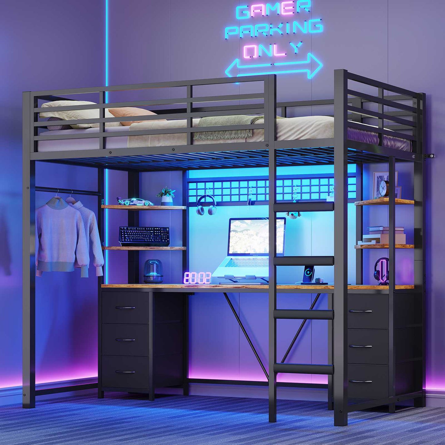 Le lit mezzanine AOGLLATI 90x200 est équipé d'un éclairage LED intelligent et d'une prise électrique Il comprend un bureau de 35x200 cm 6 tiroirs extra-larges et 4 étagères