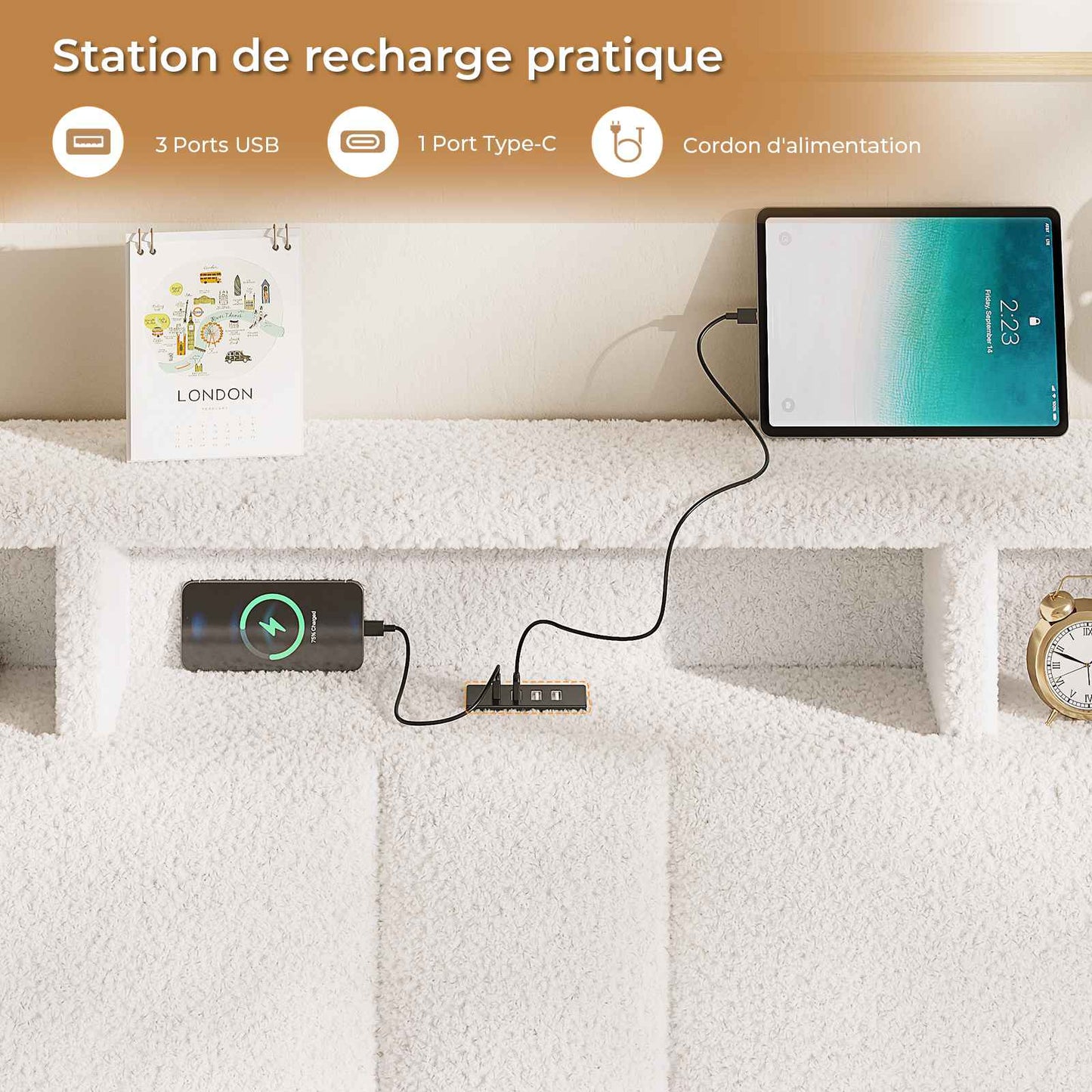 Lit coffre hydraulique AOGLLATI 140 x 200 cm lit double avec éclairage LED et interface USB beige