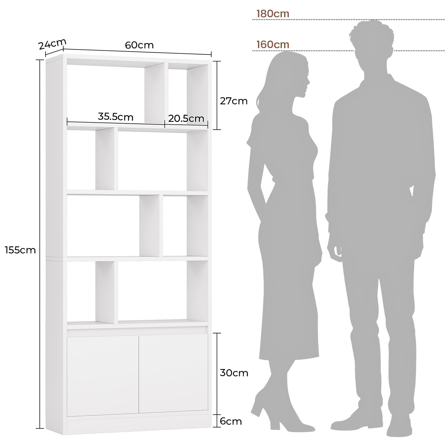 Bibliothèque Étagère à 6 Niveaux Cloison Séparateur Présentoir Meuble de Rangement avec 12 Compartiments Ouverts pour Salon Chambre Bureau 24 x 60 x 173 cm Blanc
