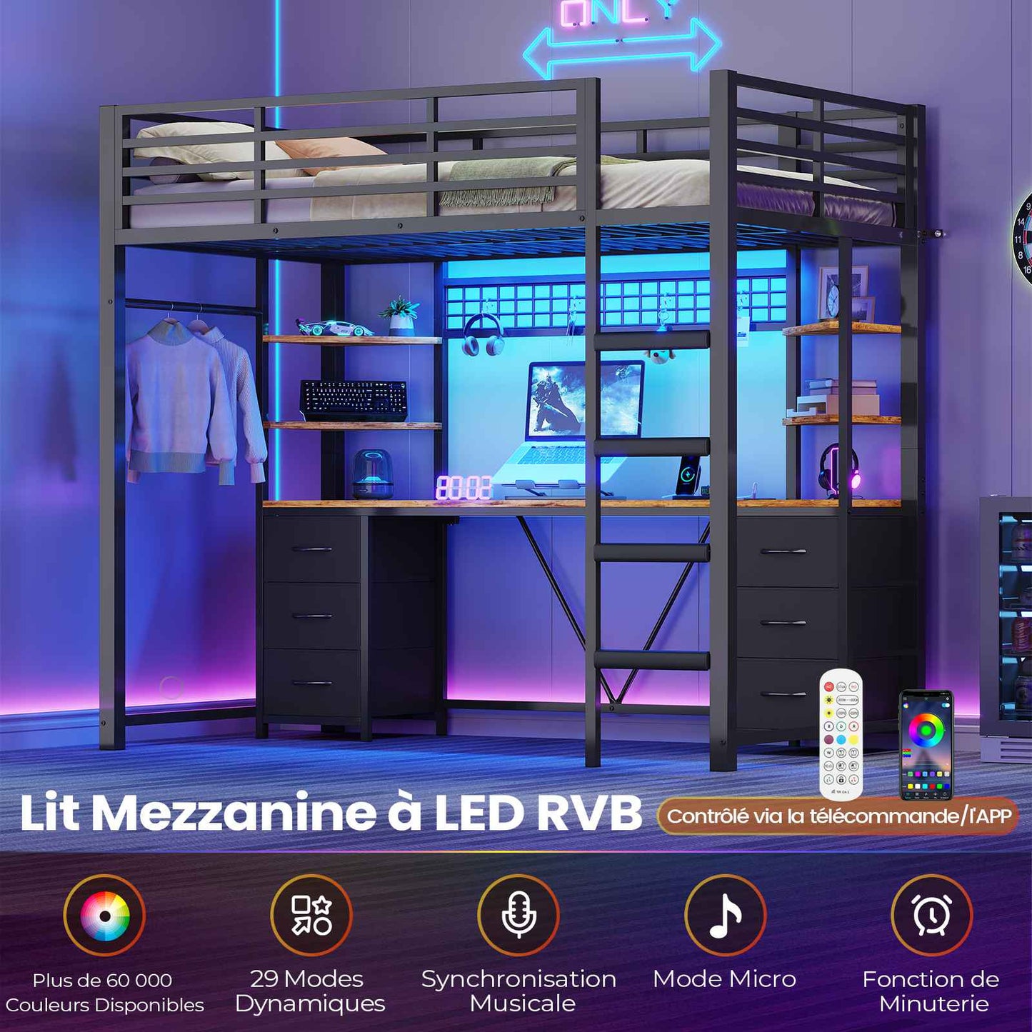 Le lit mezzanine AOGLLATI 90x200 est équipé d'un éclairage LED intelligent et d'une prise électrique Il comprend un bureau de 35x200 cm 6 tiroirs extra-larges et 4 étagères