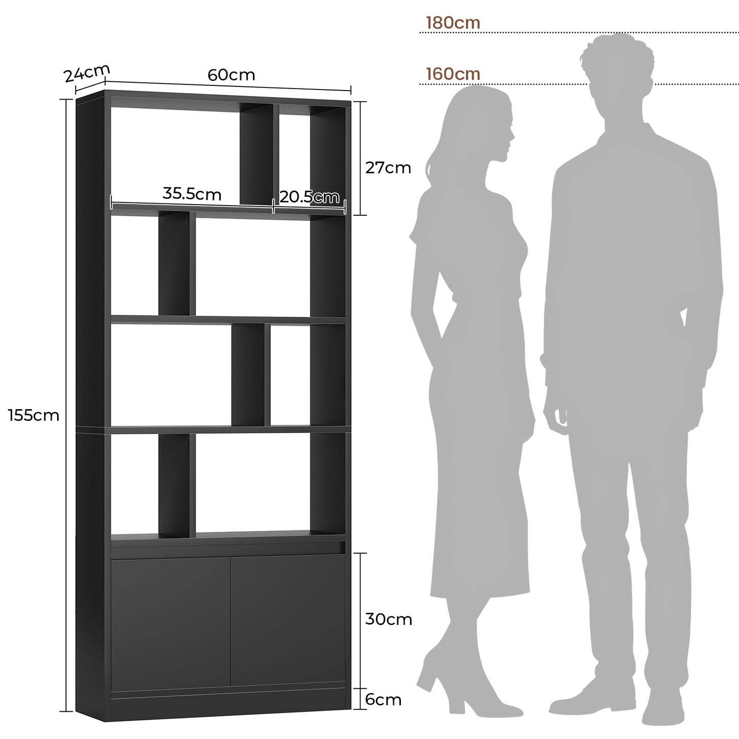 Bibliothèque Étagère à 6 Niveaux Cloison Séparateur Présentoir Meuble de Rangement avec 12 Compartiments Ouverts pour Salon Chambre Bureau 24 x 60 x 173 cm Blanc