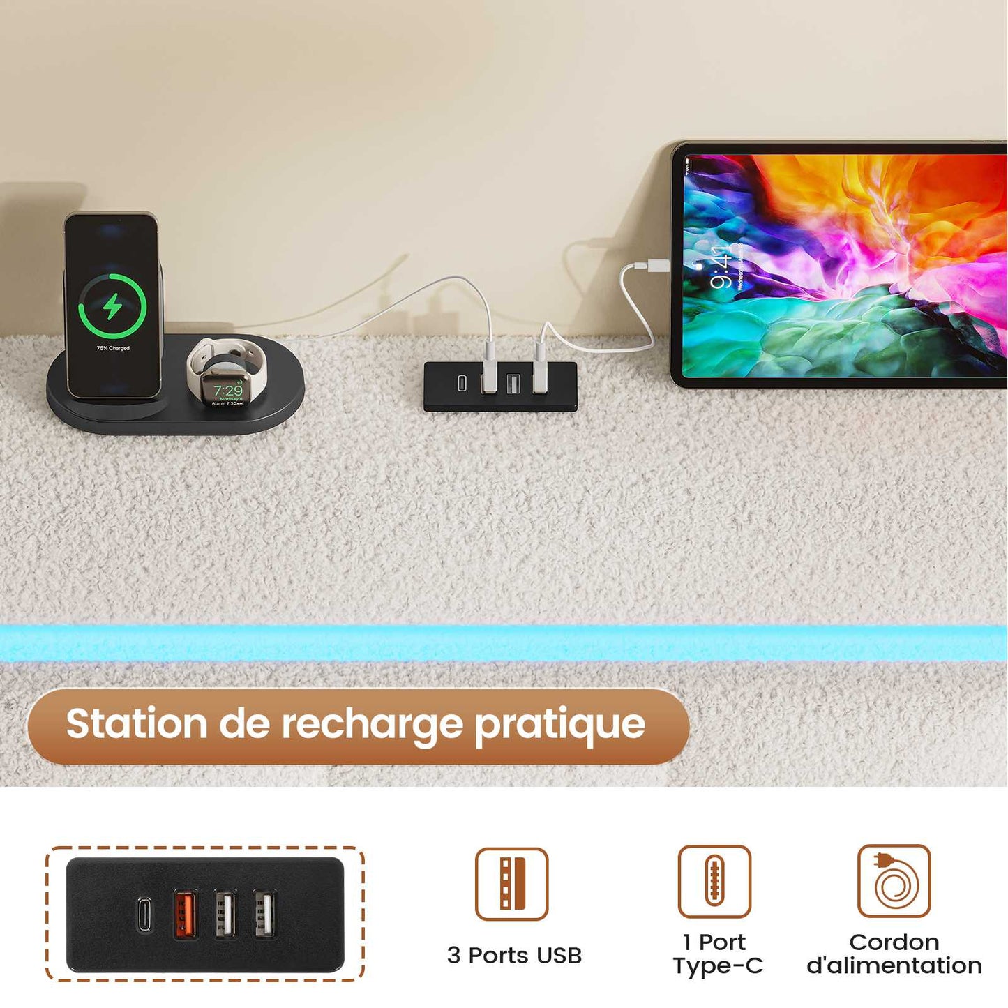 Lit coffre AOGLLATI 140x190 cm avec LED et interface USB lit double rembourré rangement hydraulique tête de lit réglable en hauteur