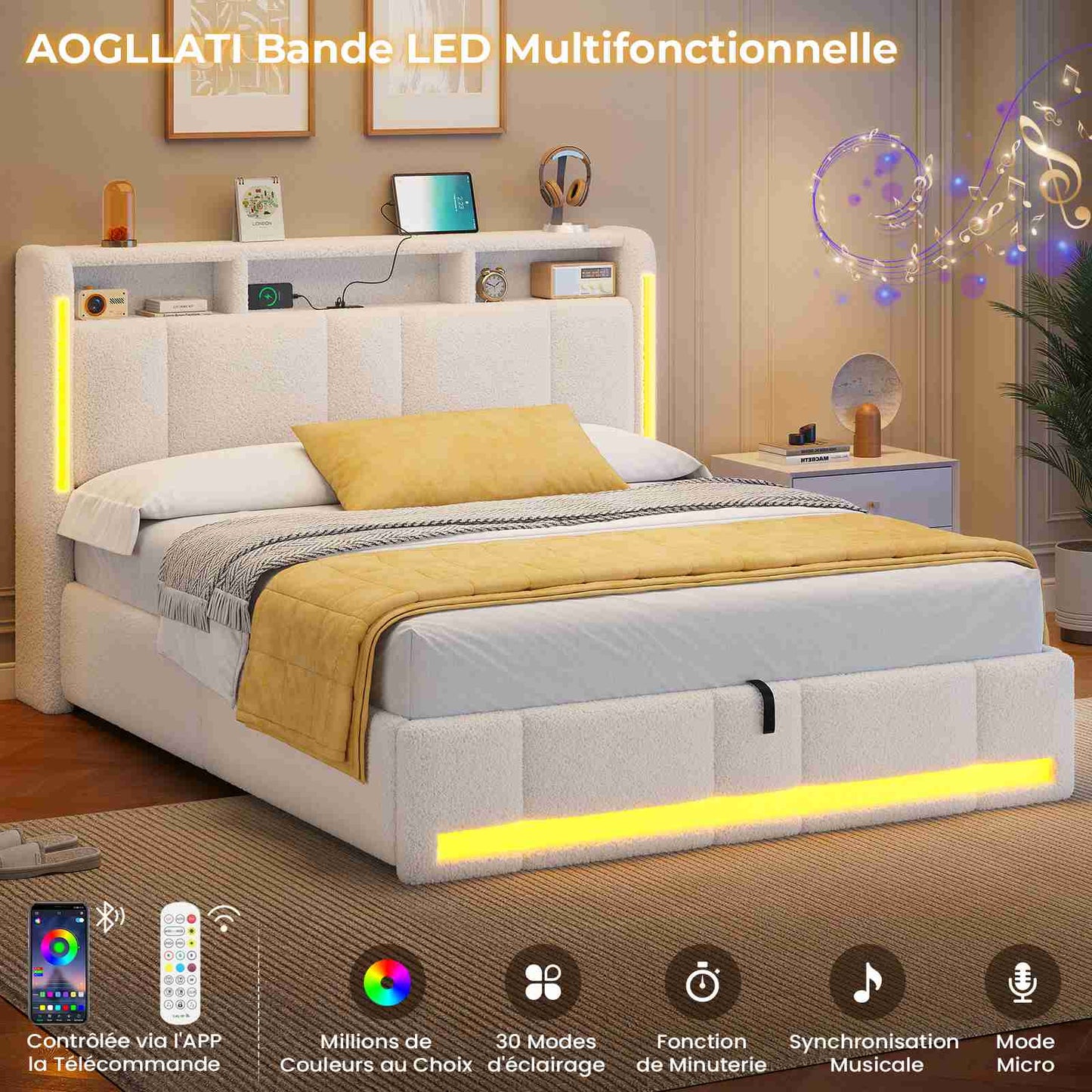 Lit coffre hydraulique AOGLLATI 140 x 200 cm lit double avec éclairage LED et interface USB beige