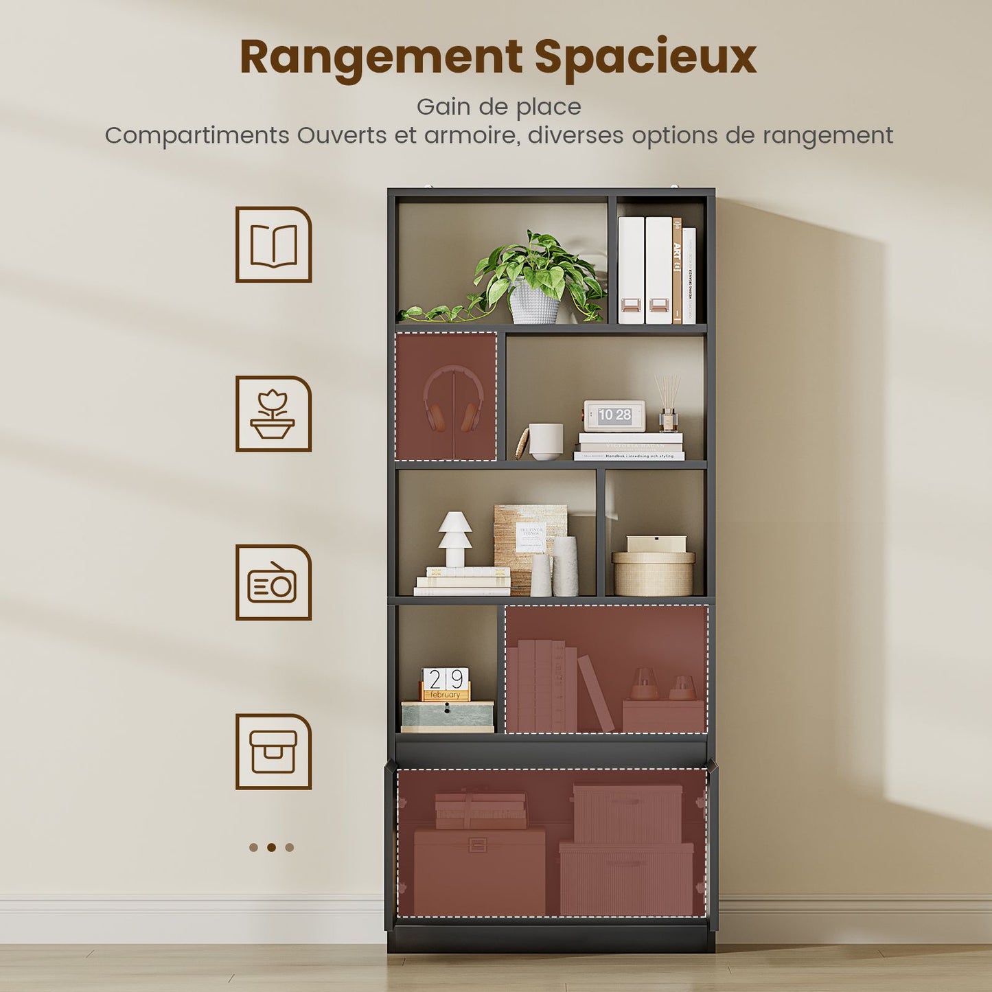 Bibliothèque Étagère à 6 Niveaux Cloison Séparateur Présentoir Meuble de Rangement avec 12 Compartiments Ouverts pour Salon Chambre Bureau 24 x 60 x 173 cm Blanc