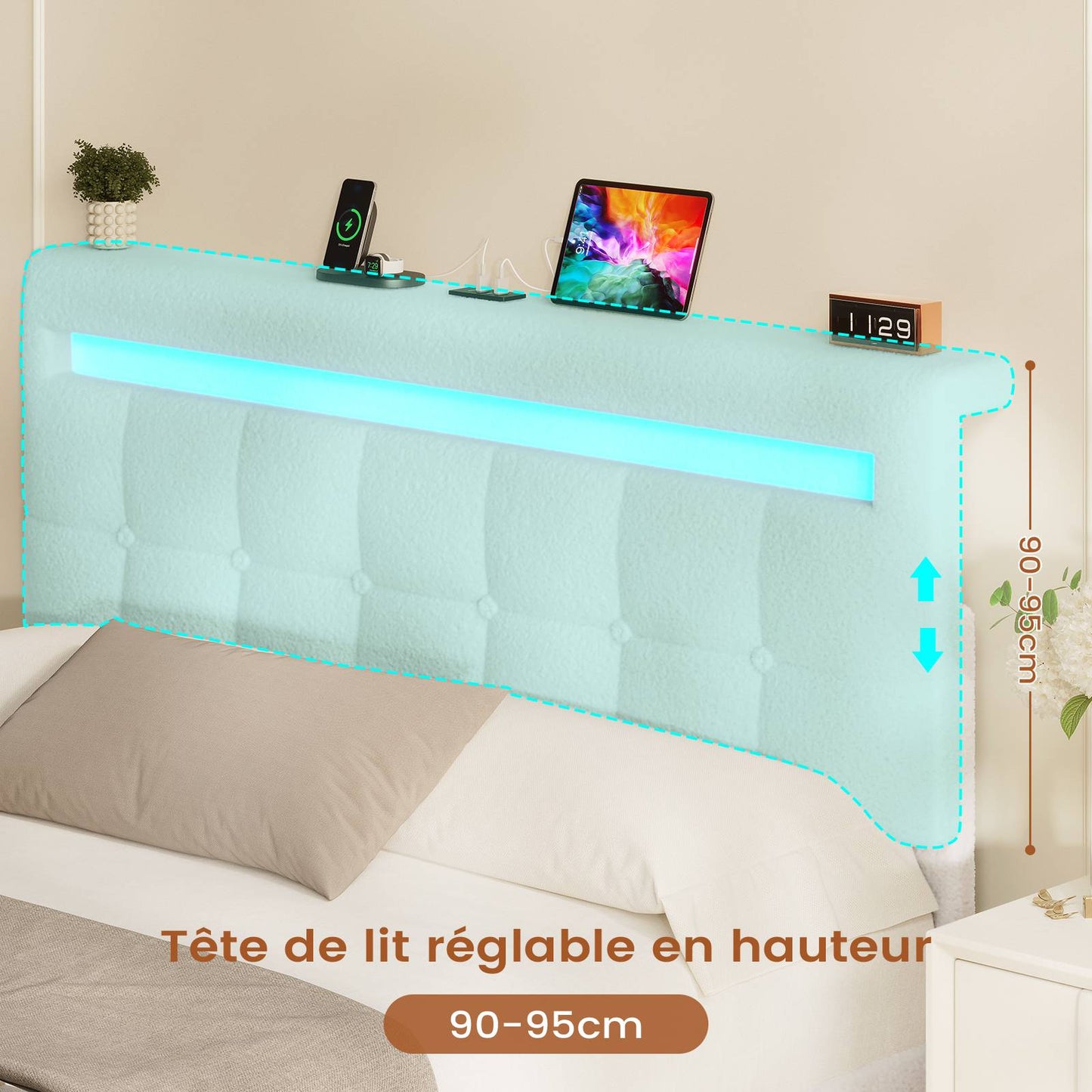 Lit coffre AOGLLATI 140x190 cm avec LED et interface USB lit double rembourré rangement hydraulique tête de lit réglable en hauteur