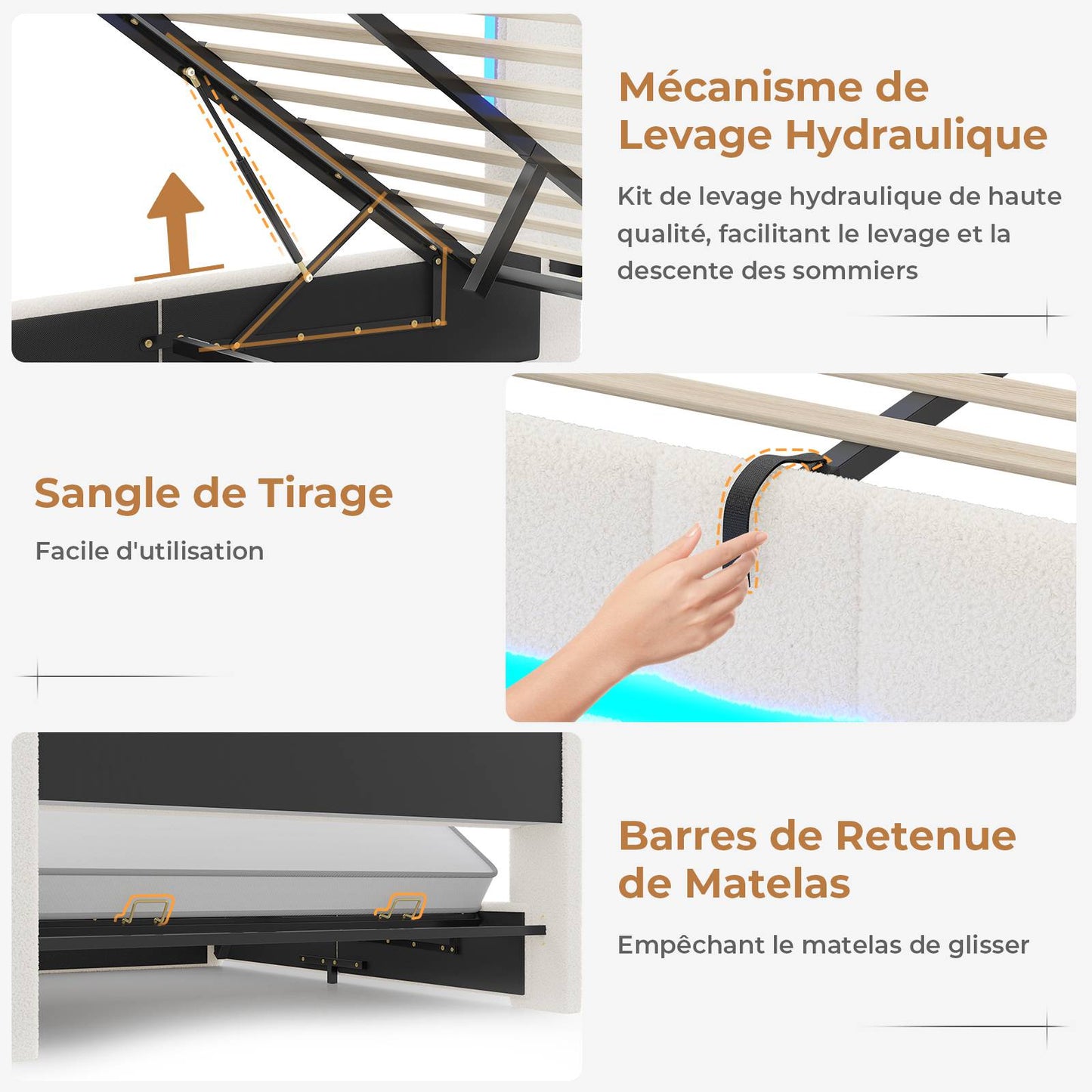 Lit coffre hydraulique AOGLLATI 140 x 200 cm lit double avec éclairage LED et interface USB beige