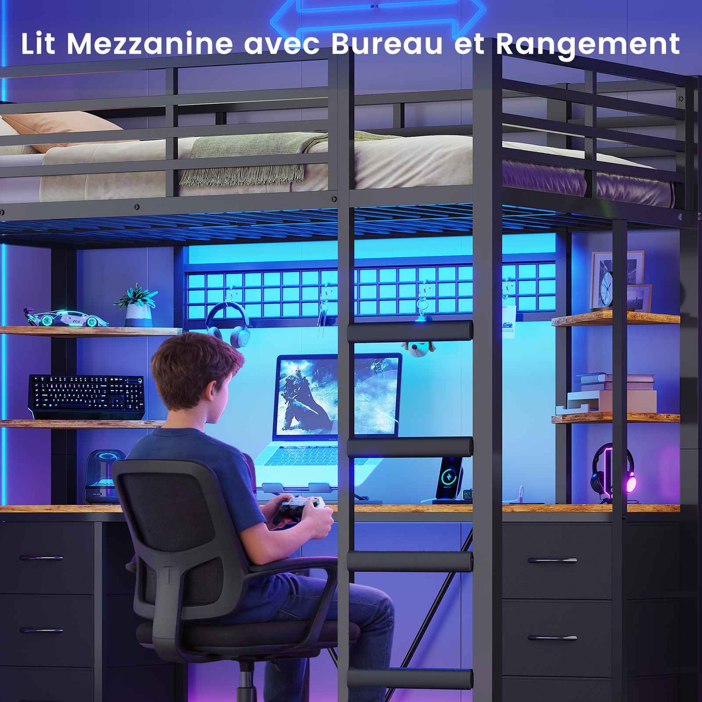 Le lit mezzanine AOGLLATI 90x200 est équipé d'un éclairage LED intelligent et d'une prise électrique Il comprend un bureau de 35x200 cm 6 tiroirs extra-larges et 4 étagères