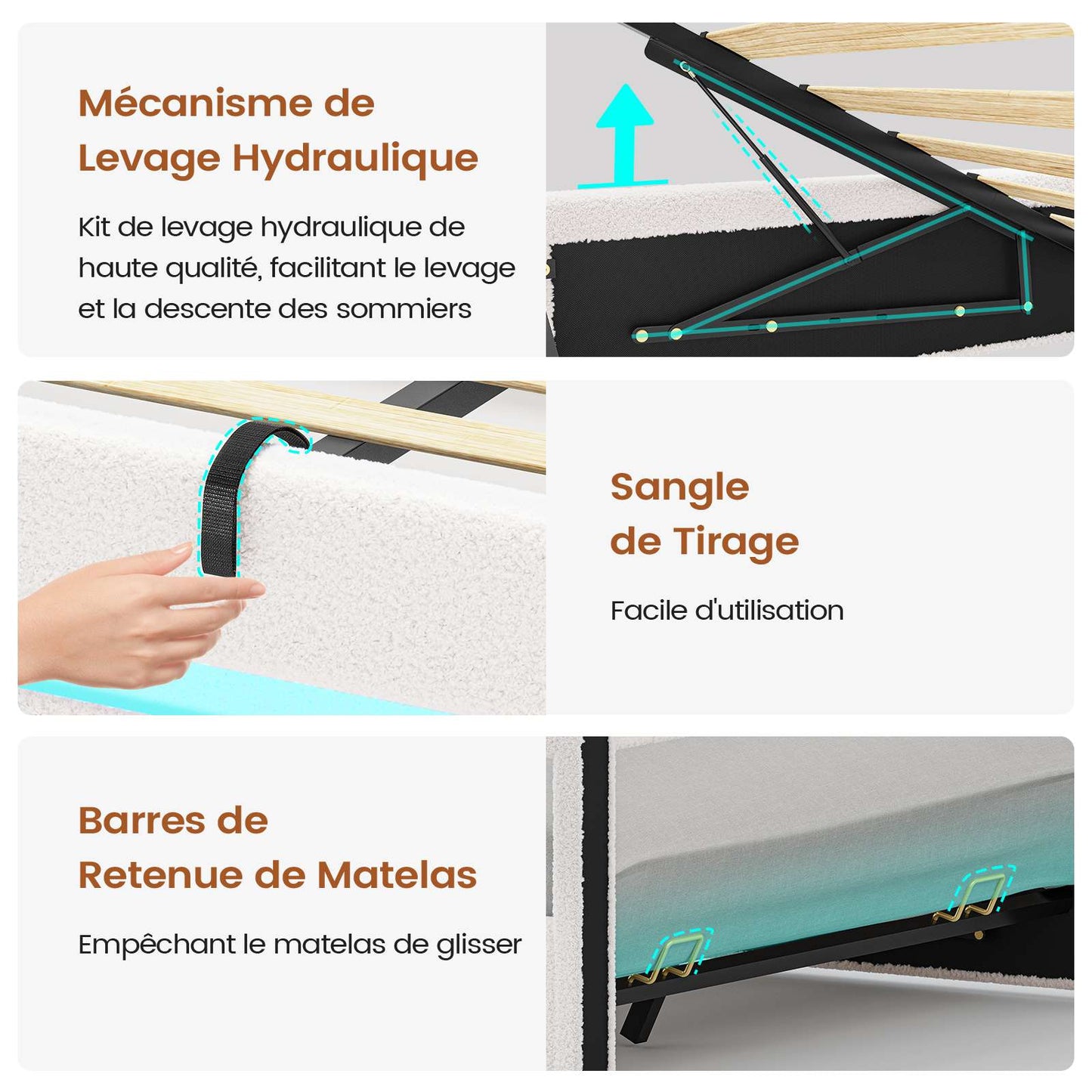 Lit coffre AOGLLATI 140x190 cm avec LED et interface USB lit double rembourré rangement hydraulique tête de lit réglable en hauteur
