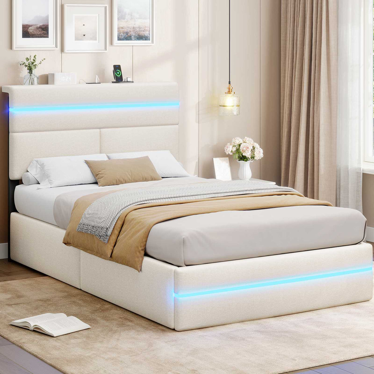 Lit double AOGLLATI 90 x 200 cm avec station de charge hydraulique et éclairage LED tête de lit rembourrée gris foncé