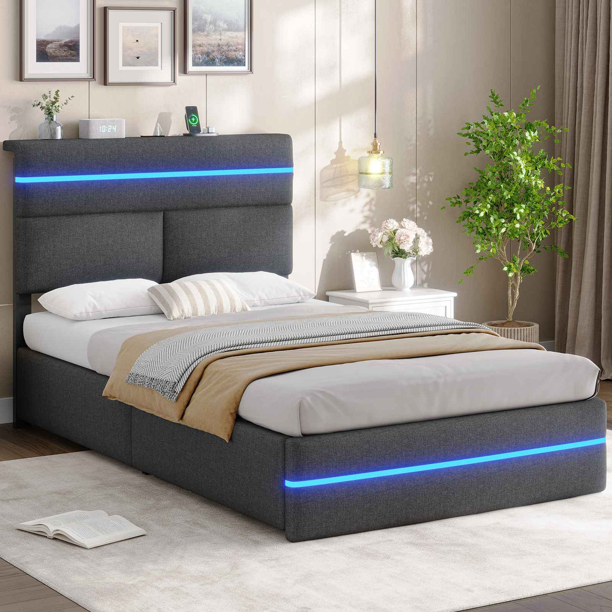 Lit double AOGLLATI 90 x 200 cm avec station de charge hydraulique et éclairage LED tête de lit rembourrée gris foncé