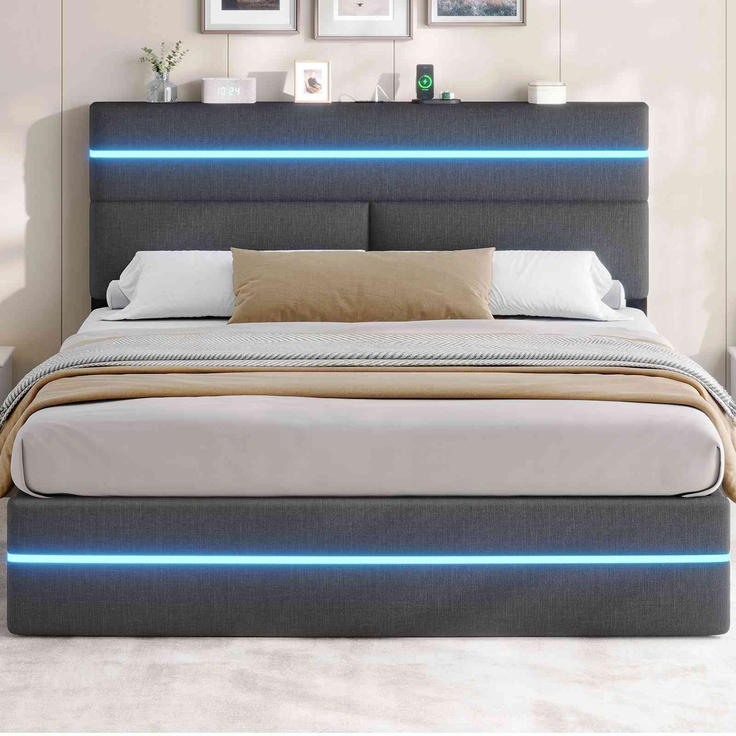 Lit double AOGLLATI 160 x 200 cm avec station de charge hydraulique et éclairage LED tête de lit rembourrée gris foncé