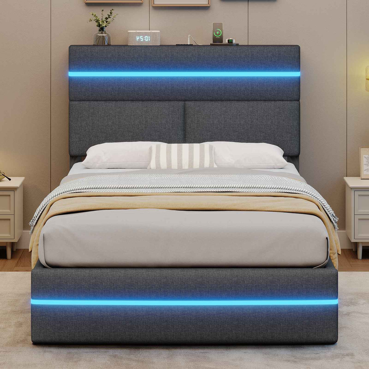 Lit double AOGLLATI 90 x 200 cm avec station de charge hydraulique et éclairage LED tête de lit rembourrée gris foncé