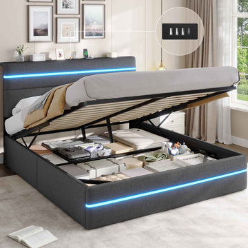 Lit double AOGLLATI 160 x 200 cm avec station de charge hydraulique et éclairage LED tête de lit rembourrée gris foncé