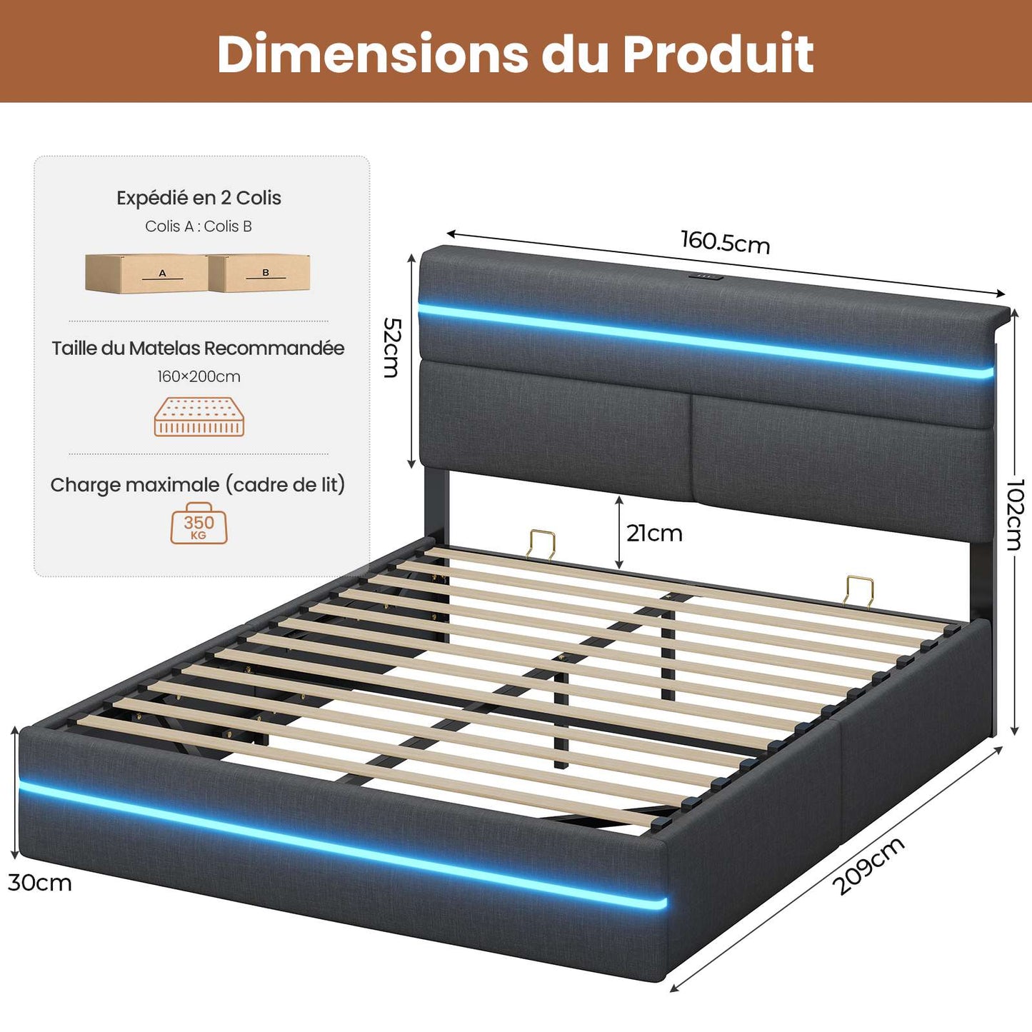 Lit double AOGLLATI 160 x 200 cm avec station de charge hydraulique et éclairage LED tête de lit rembourrée gris foncé
