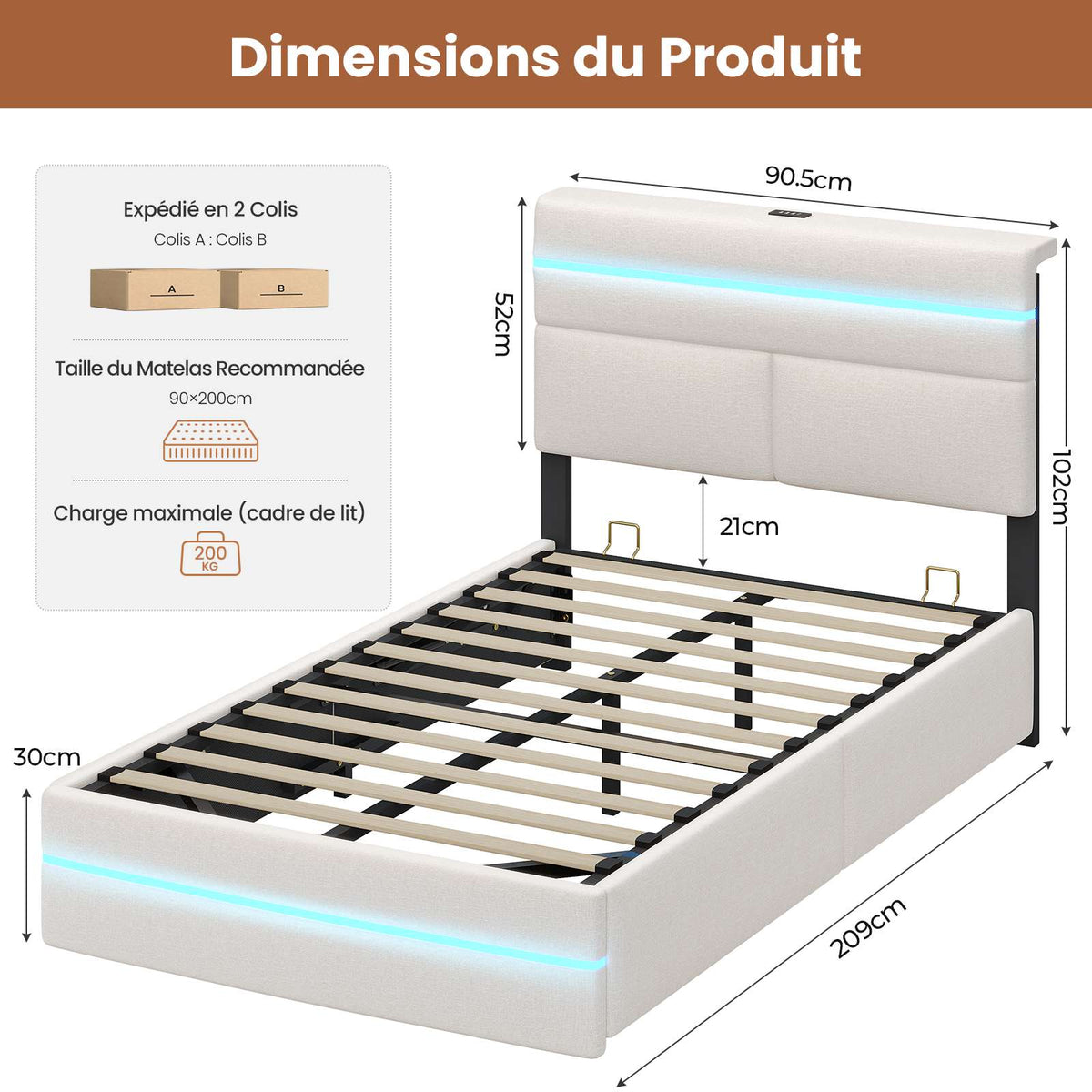 Lit double AOGLLATI 90 x 200 cm avec station de charge hydraulique et éclairage LED tête de lit rembourrée gris foncé