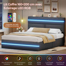 Lit double AOGLLATI 160 x 200 cm avec station de charge hydraulique et éclairage LED tête de lit rembourrée gris foncé