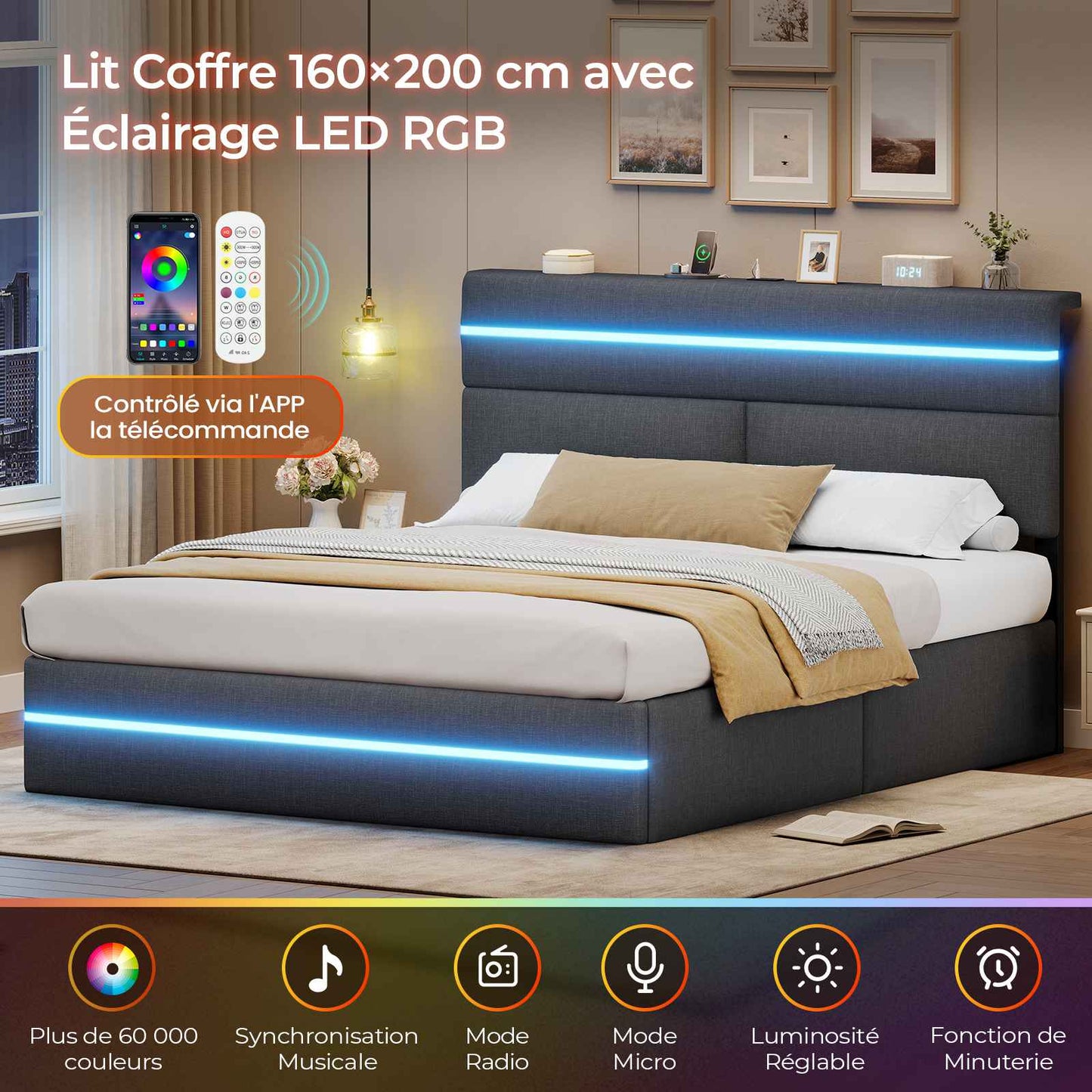 Lit double AOGLLATI 160 x 200 cm avec station de charge hydraulique et éclairage LED tête de lit rembourrée gris foncé