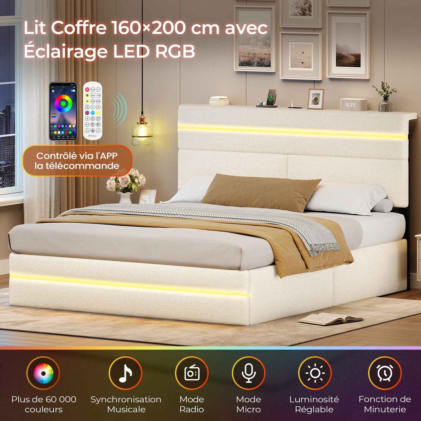 Lit double AOGLLATI 160 x 200 cm avec station de charge hydraulique et éclairage LED tête de lit rembourrée gris foncé