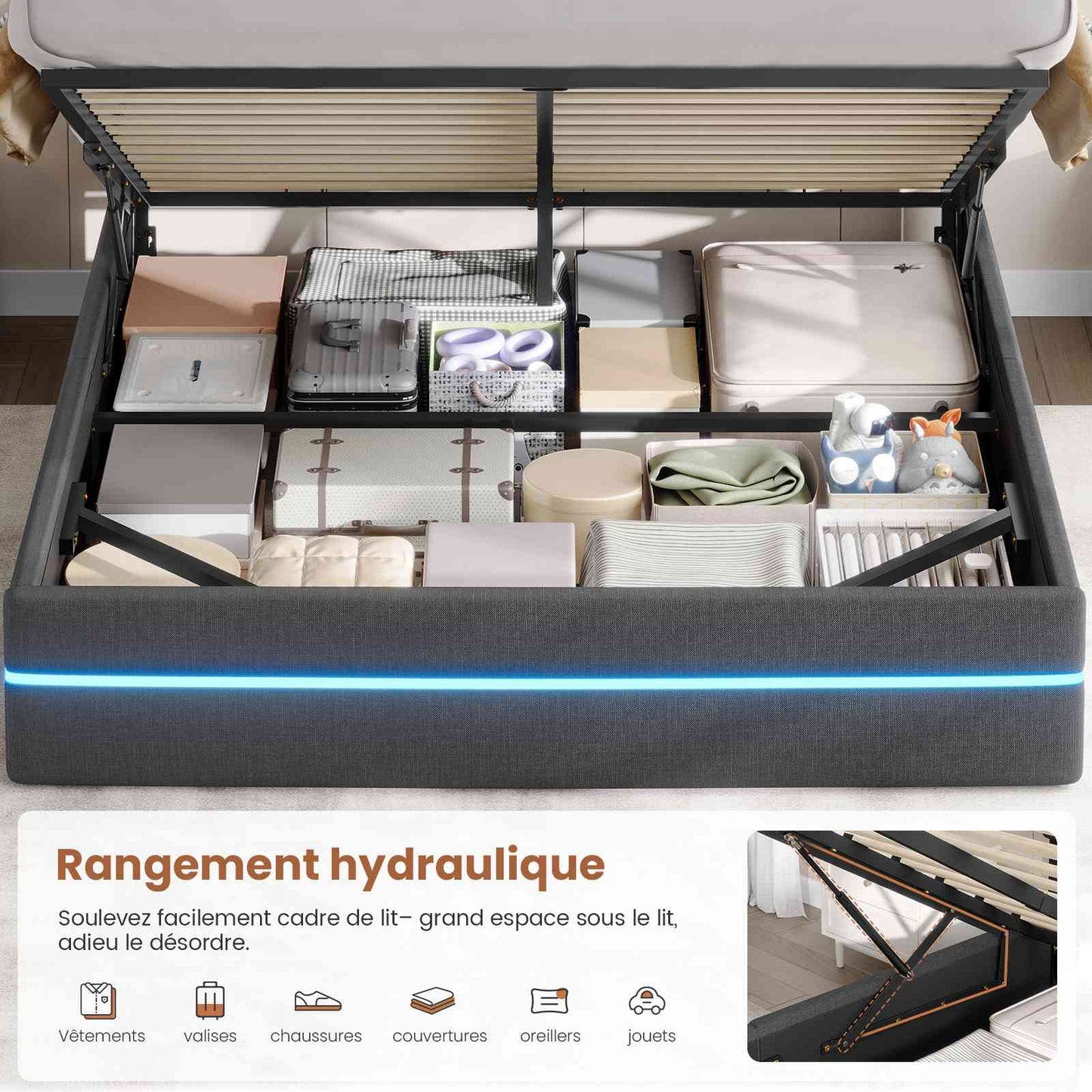 Lit double AOGLLATI 160 x 200 cm avec station de charge hydraulique et éclairage LED tête de lit rembourrée gris foncé