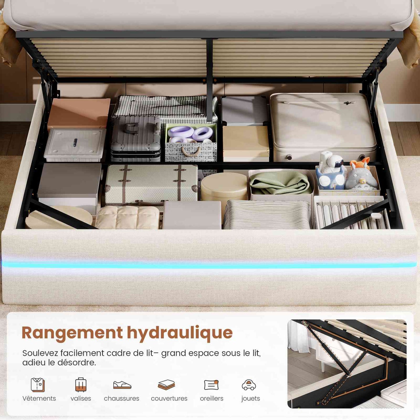 Lit double AOGLLATI 160 x 200 cm avec station de charge hydraulique et éclairage LED tête de lit rembourrée gris foncé
