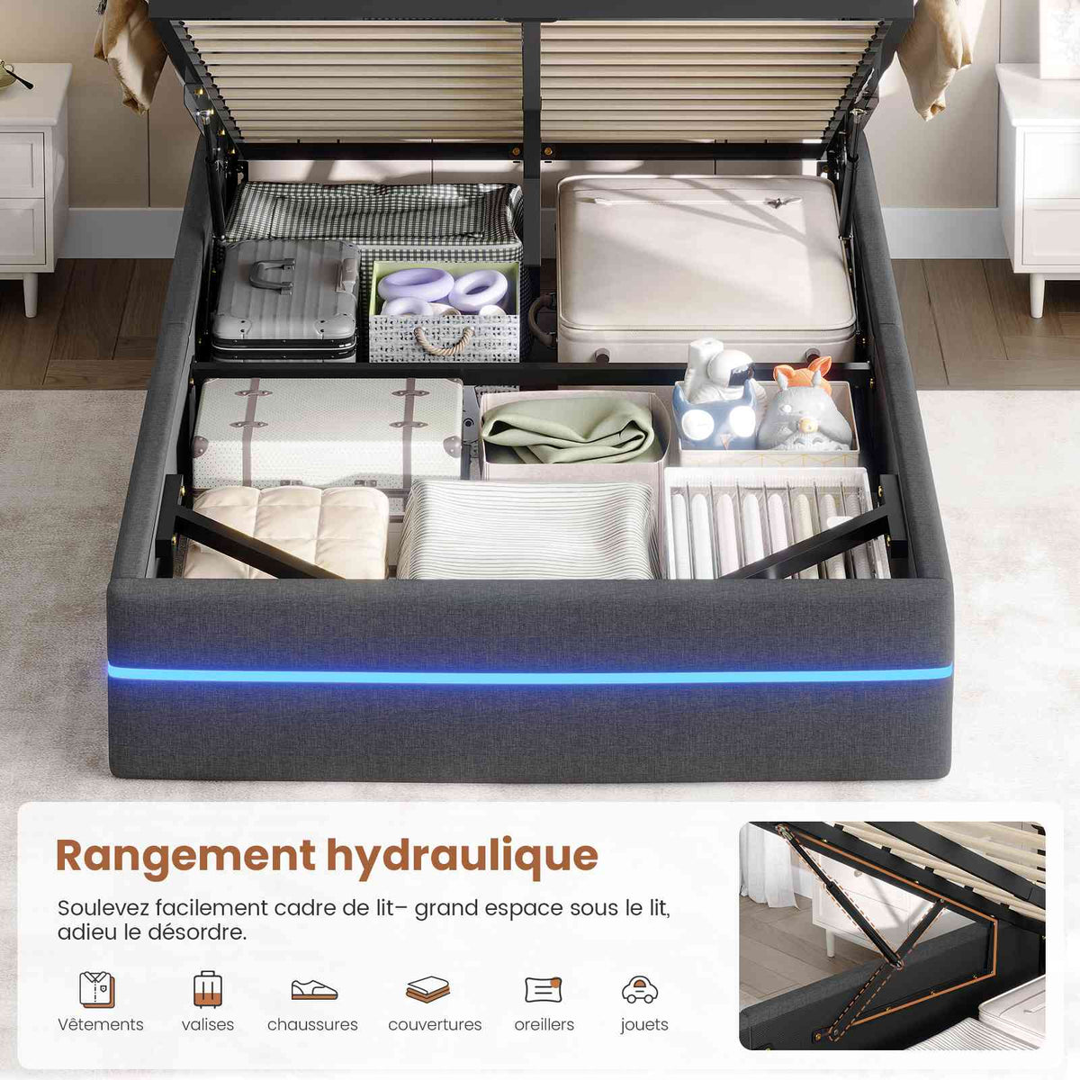 Lit double AOGLLATI 90 x 200 cm avec station de charge hydraulique et éclairage LED tête de lit rembourrée gris foncé