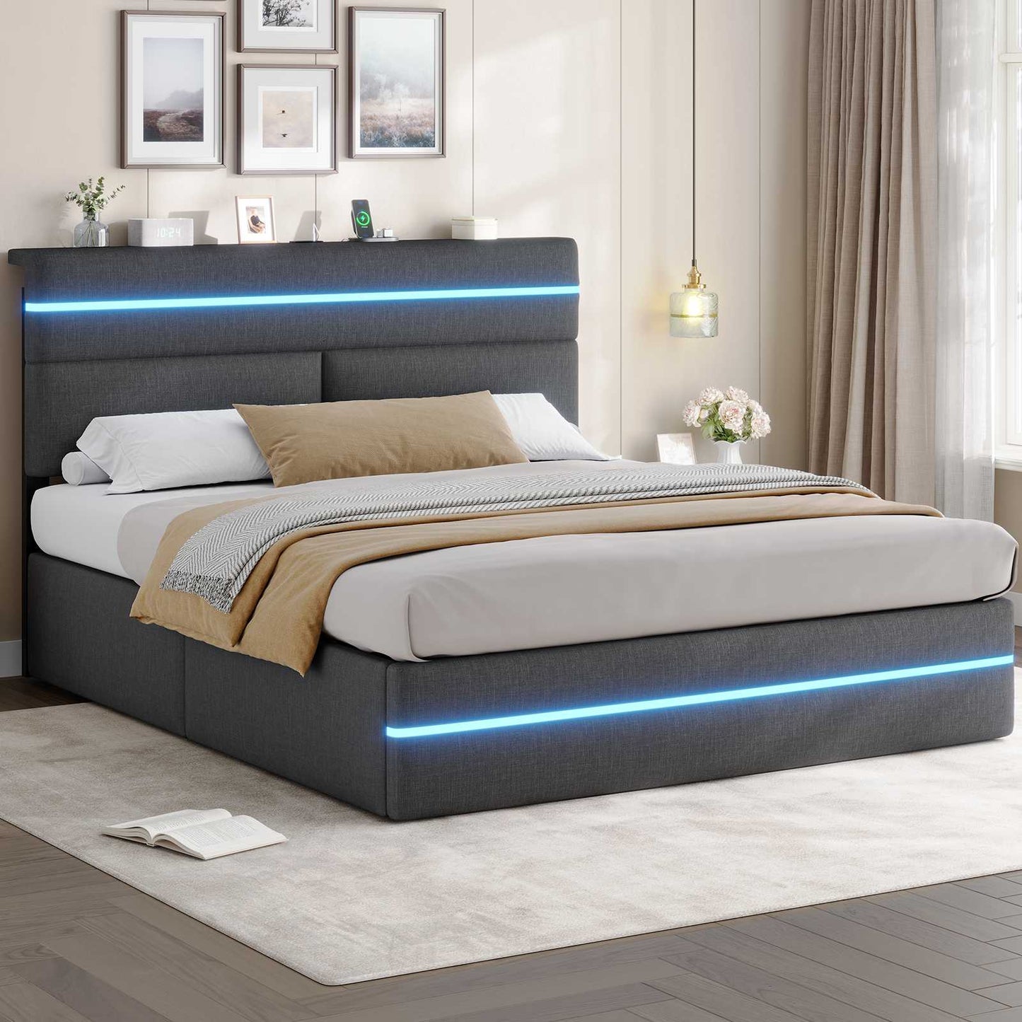 Lit double AOGLLATI 160 x 200 cm avec station de charge hydraulique et éclairage LED tête de lit rembourrée gris foncé