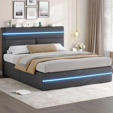 Lit double AOGLLATI 160 x 200 cm avec station de charge hydraulique et éclairage LED tête de lit rembourrée gris foncé