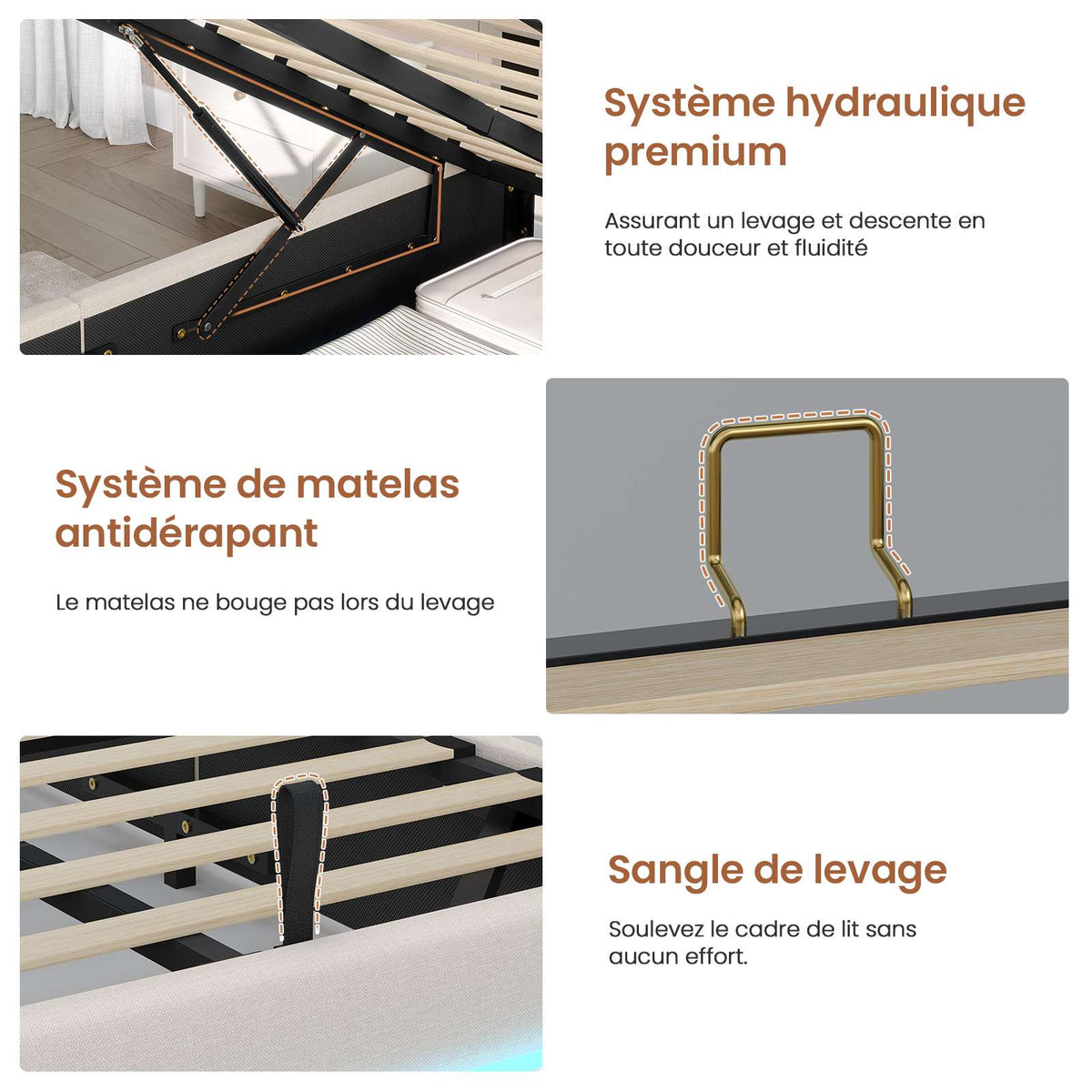 Lit double AOGLLATI 90 x 200 cm avec station de charge hydraulique et éclairage LED tête de lit rembourrée gris foncé