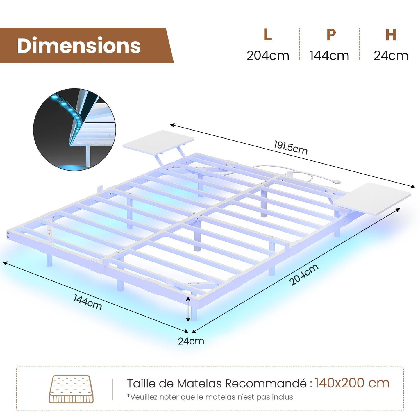 Lit double AOGLLATI 160 x 200 équipé de 2 tablettes de chevet d'un sommier métallique de plusieurs prises électriques et d'un éclairage LED