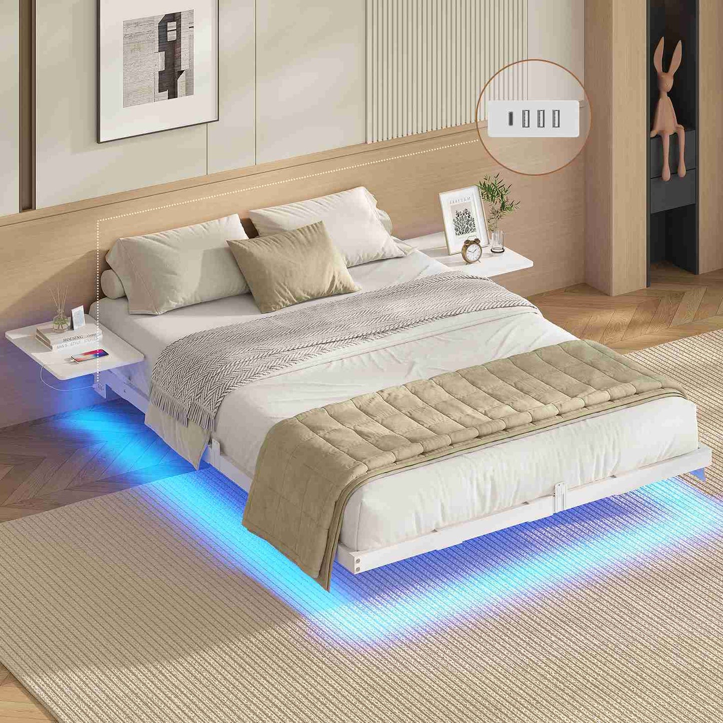 Lit double AOGLLATI 140 x 200 équipé de 2 tablettes de chevet d'un sommier métallique de plusieurs prises électriques et d'un éclairage LED