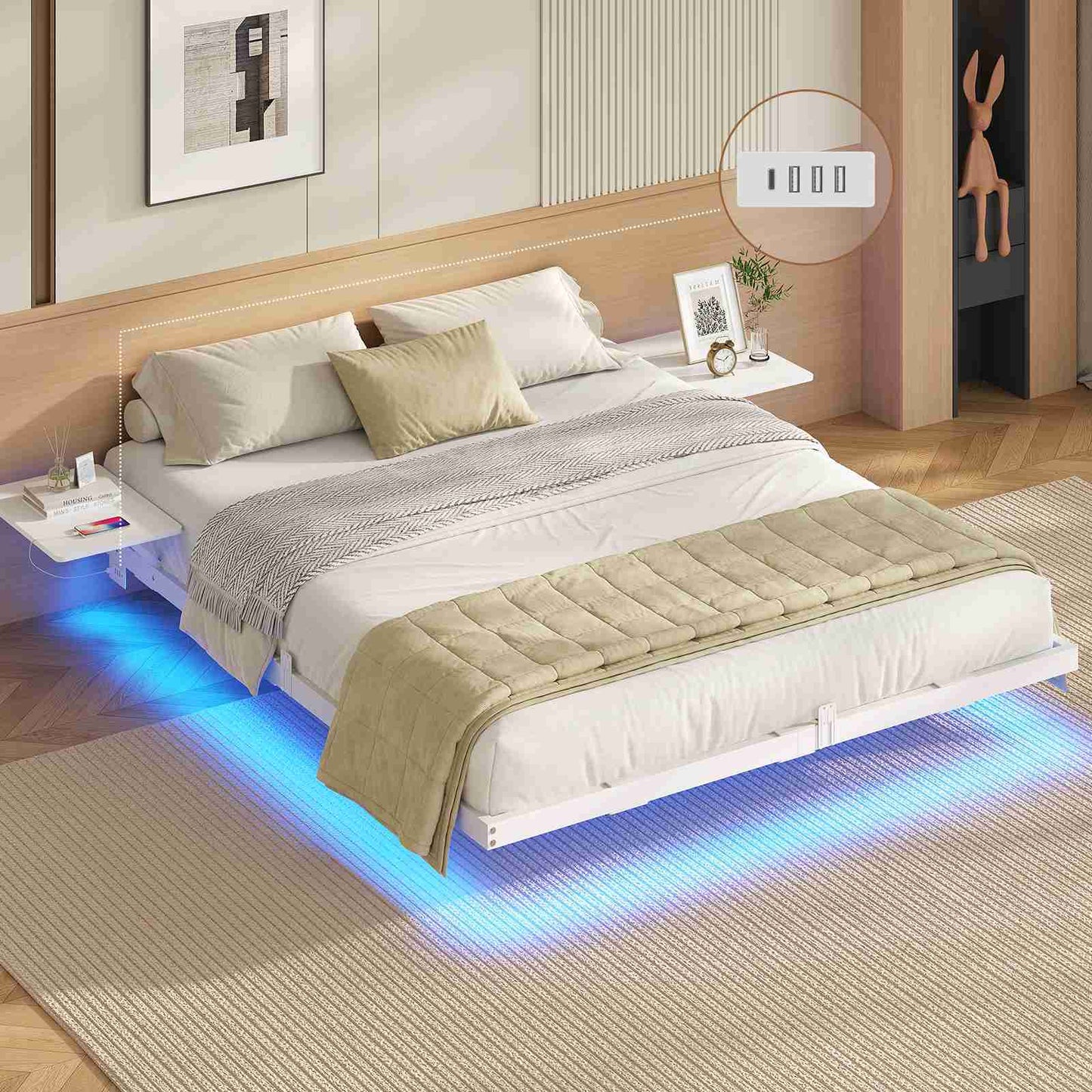 Lit double AOGLLATI 160 x 200 équipé de 2 tablettes de chevet d'un sommier métallique de plusieurs prises électriques et d'un éclairage LED