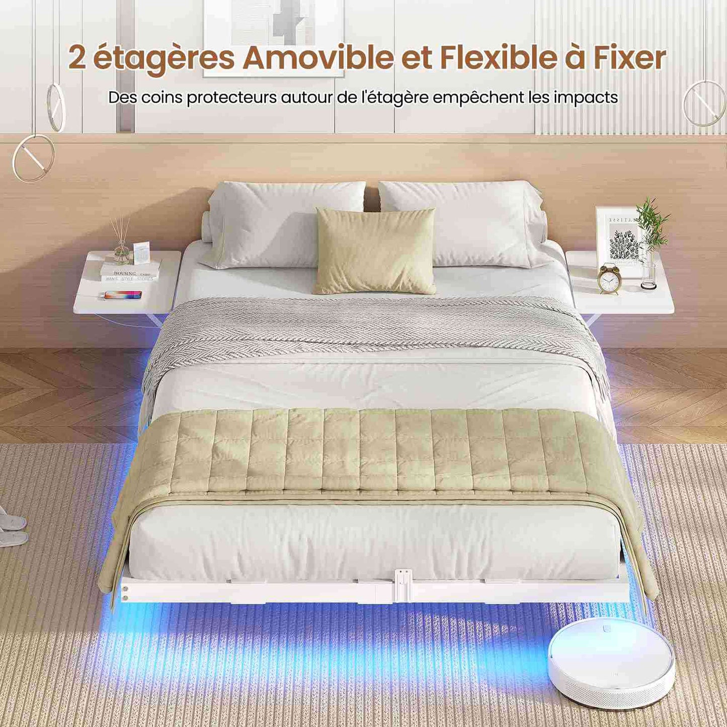 Lit double AOGLLATI 140 x 200 équipé de 2 tablettes de chevet d'un sommier métallique de plusieurs prises électriques et d'un éclairage LED