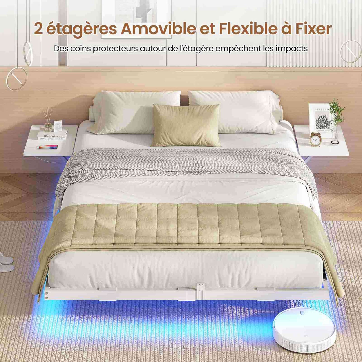Lit double AOGLLATI 160 x 200 équipé de 2 tablettes de chevet d'un sommier métallique de plusieurs prises électriques et d'un éclairage LED