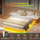 Lit double AOGLLATI 140 x 200 équipé de 2 tablettes de chevet d'un sommier métallique de plusieurs prises électriques et d'un éclairage LED