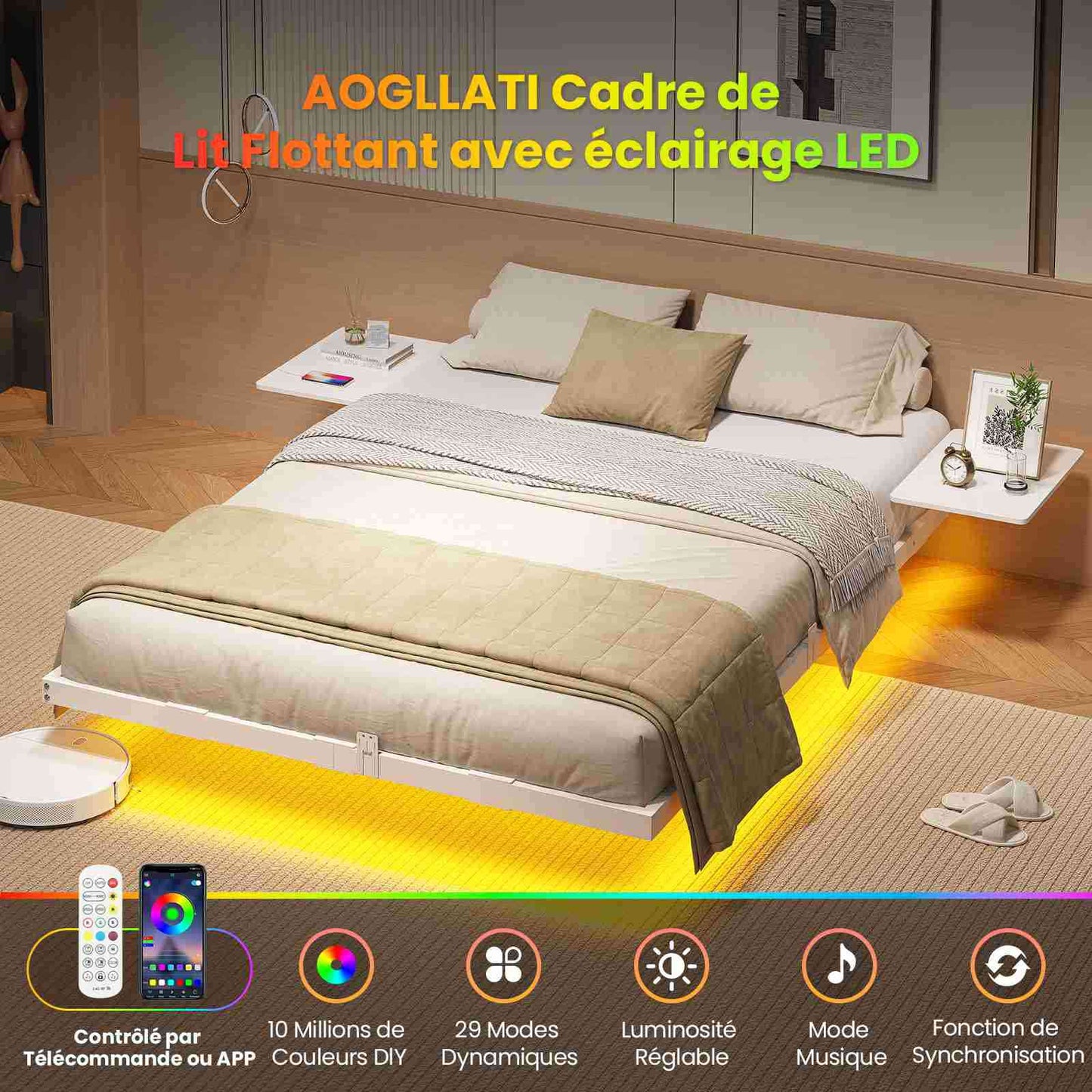Lit double AOGLLATI 140 x 200 équipé de 2 tablettes de chevet d'un sommier métallique de plusieurs prises électriques et d'un éclairage LED