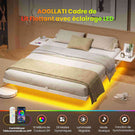 Lit double AOGLLATI 160 x 200 équipé de 2 tablettes de chevet d'un sommier métallique de plusieurs prises électriques et d'un éclairage LED