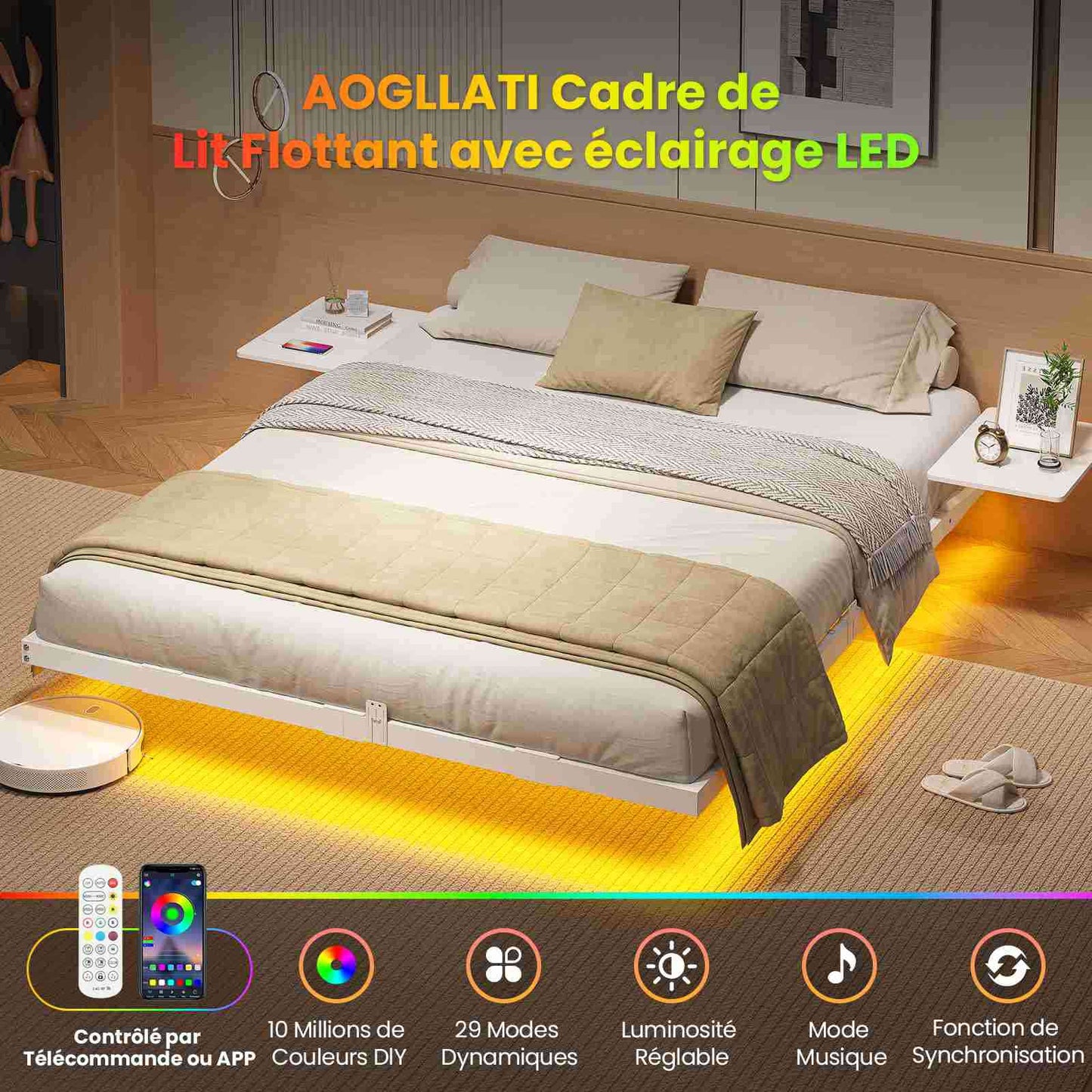 Lit double AOGLLATI 160 x 200 équipé de 2 tablettes de chevet d'un sommier métallique de plusieurs prises électriques et d'un éclairage LED