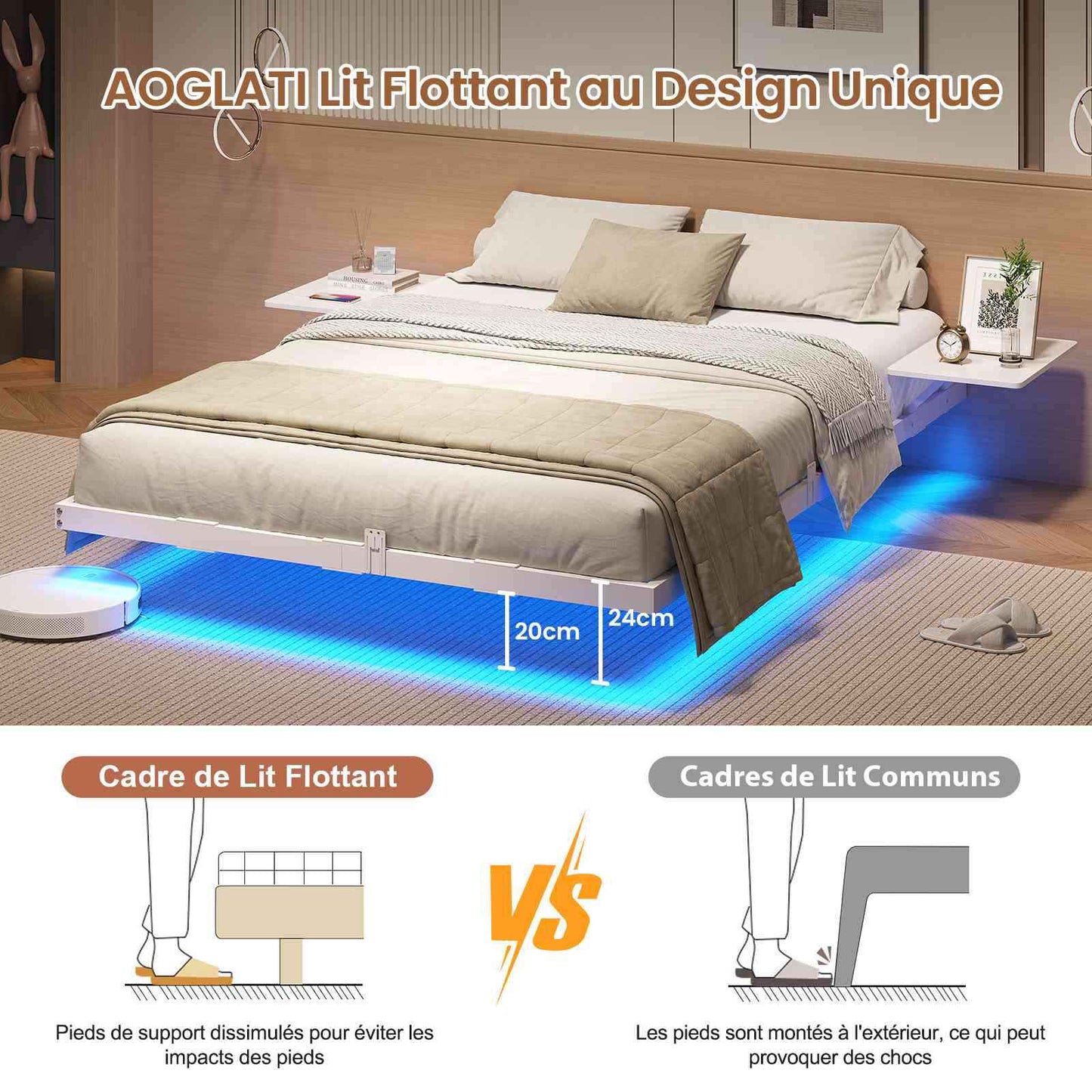 Lit double AOGLLATI 140 x 200 équipé de 2 tablettes de chevet d'un sommier métallique de plusieurs prises électriques et d'un éclairage LED