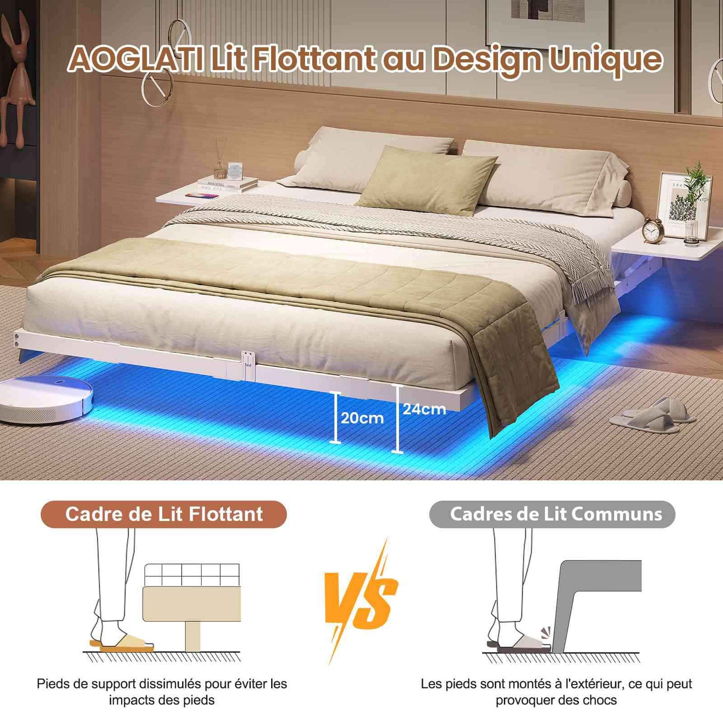 Lit double AOGLLATI 160 x 200 équipé de 2 tablettes de chevet d'un sommier métallique de plusieurs prises électriques et d'un éclairage LED