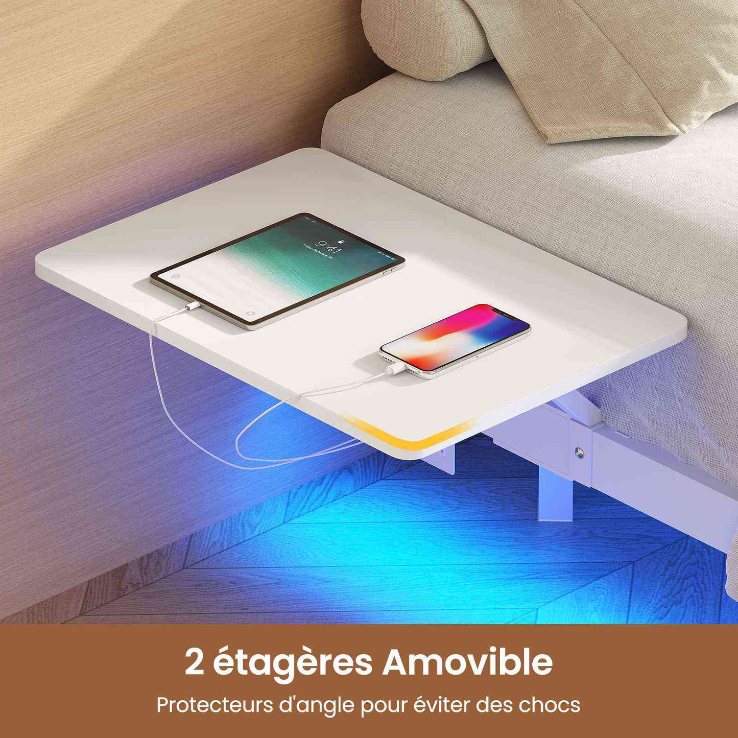Lit double AOGLLATI 140 x 200 équipé de 2 tablettes de chevet d'un sommier métallique de plusieurs prises électriques et d'un éclairage LED