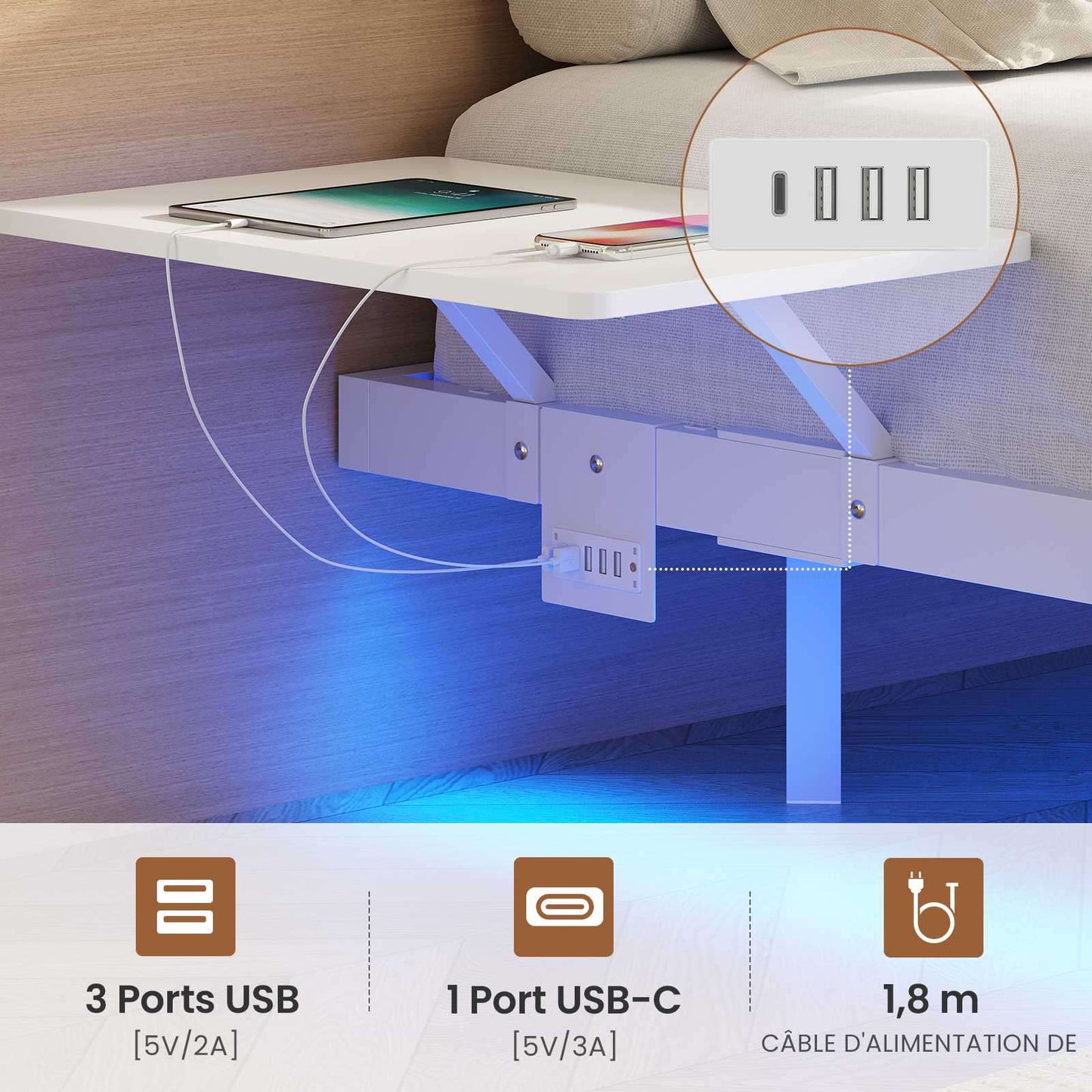Lit double AOGLLATI 140 x 200 équipé de 2 tablettes de chevet d'un sommier métallique de plusieurs prises électriques et d'un éclairage LED