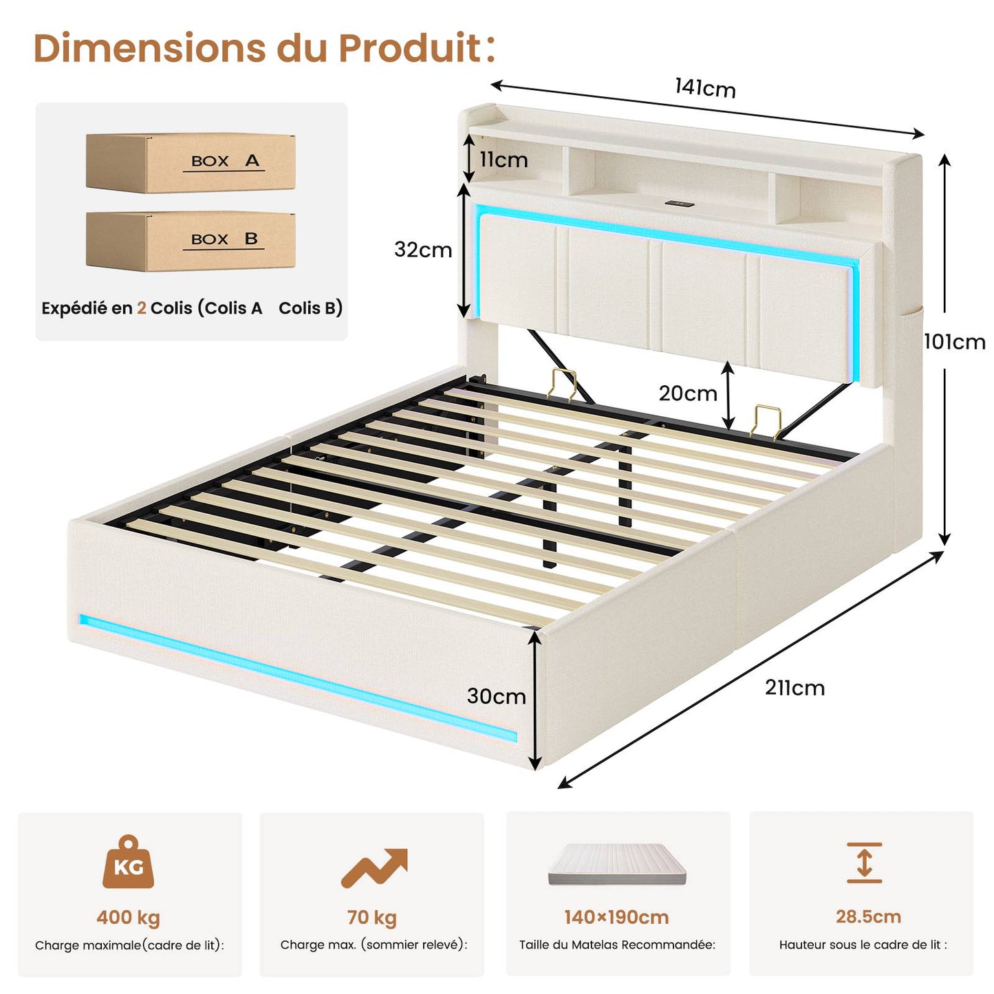 Lit AOGLLATI 140 x 190 mm avec système hydraulique éclairage LED et prise électrique  Tête de lit rembourrée 140 x 190 cm