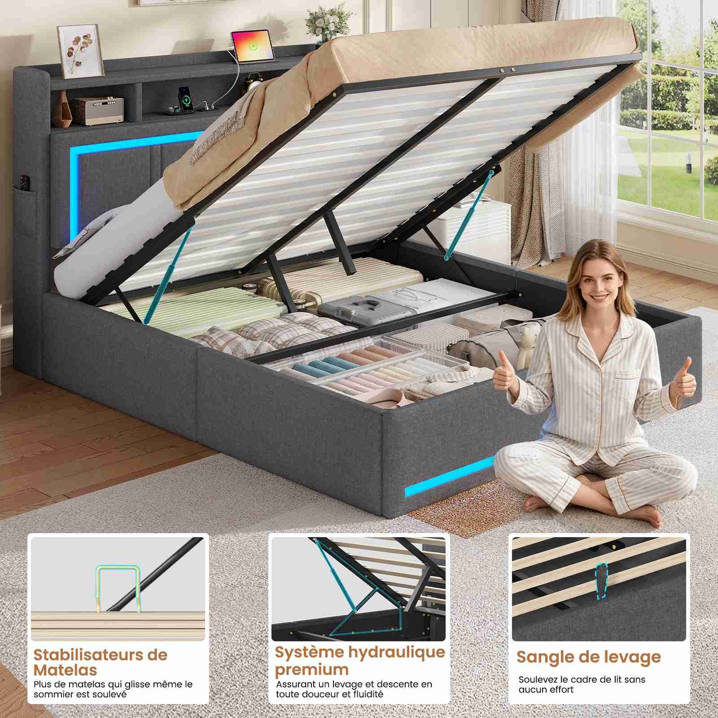 Lit coffre hydraulique AOGLLATI 140x200 avec éclairage LED et prise électrique  Lit double capitonné avec tête de lit et fonction rangement