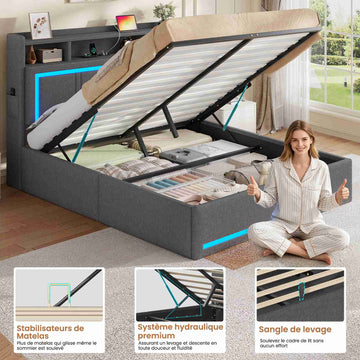 Lit coffre hydraulique AOGLLATI 140x200 avec éclairage LED et prise électrique  Lit double capitonné avec tête de lit et fonction rangement